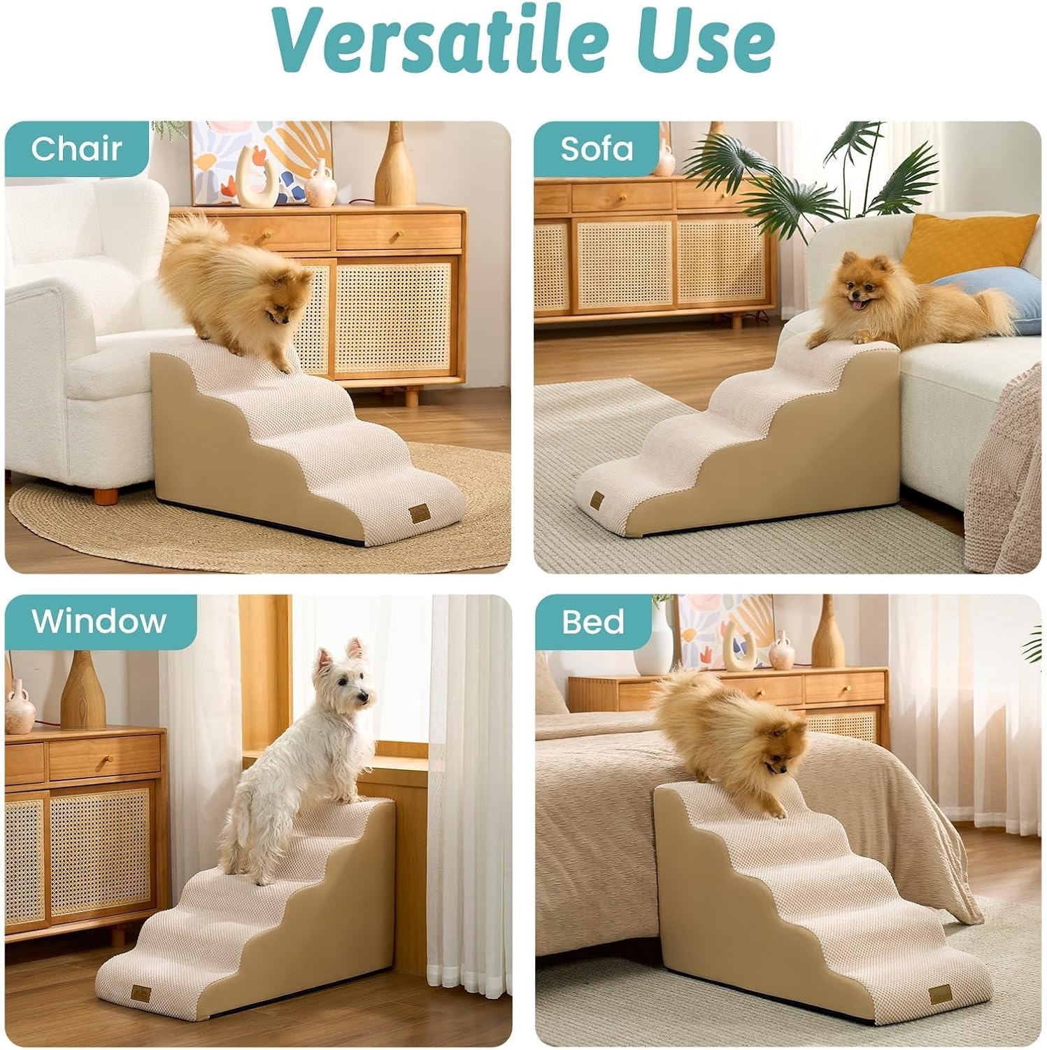 image:imageCOZY KISS Dog Stairs for Small Dogs 157 H 4Step Sturdy Foam Dog Steps for Couch and Bed Curved Pet Stairs for Puppy and Older Cat Doggie Ladder with Washable Cover 157x283x157 inch BeigeBeige