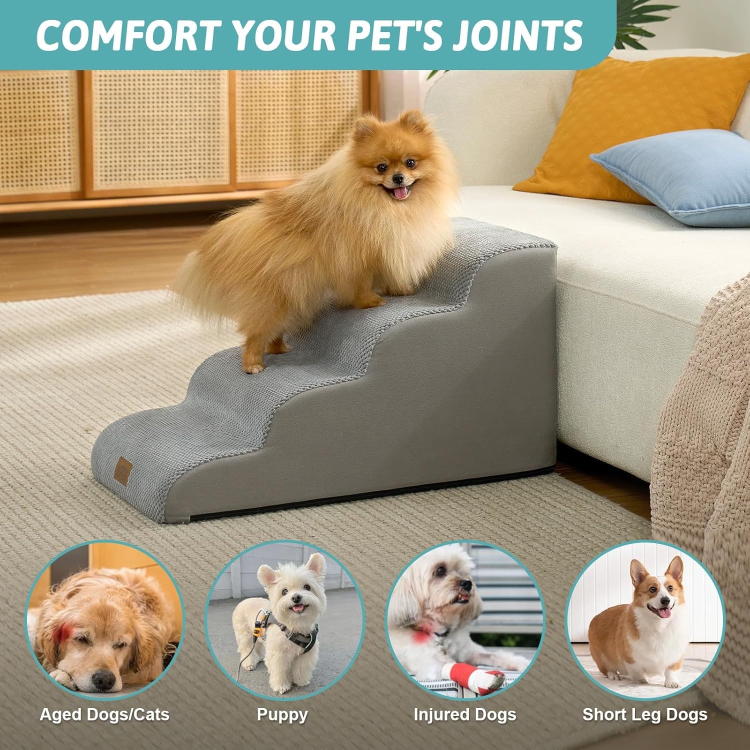 image:imageCOZY KISS Dog Stairs for Small Dogs 157 H 4Step Sturdy Foam Dog Steps for Couch and Bed Curved Pet Stairs for Puppy and Older Cat Doggie Ladder with Washable Cover 157x283x157 inch BeigeGray