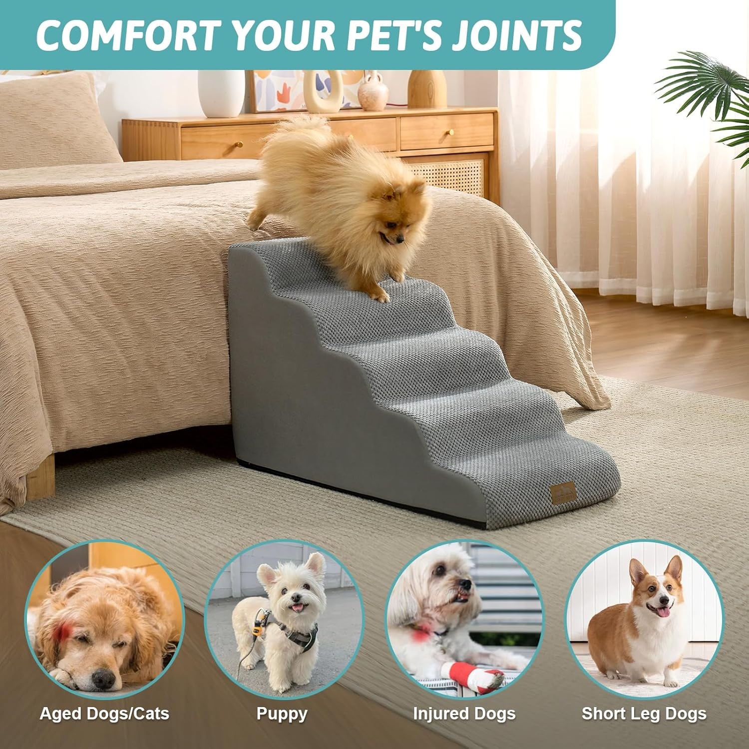 image:imageCOZY KISS Dog Stairs for Small Dogs 157 H 4Step Sturdy Foam Dog Steps for Couch and Bed Curved Pet Stairs for Puppy and Older Cat Doggie Ladder with Washable Cover 157x283x157 inch BeigeGray