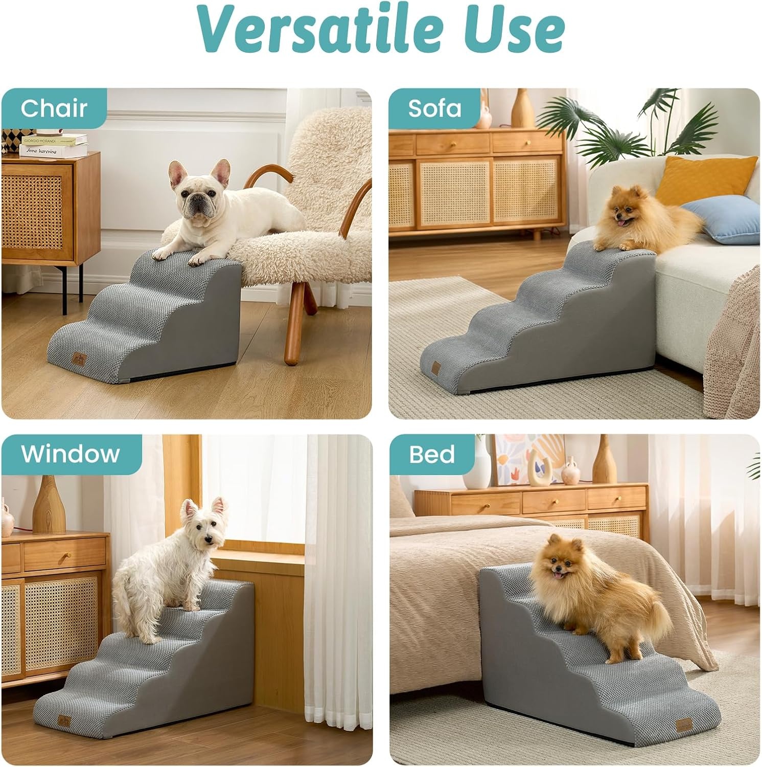 image:imageCOZY KISS Dog Stairs for Small Dogs 157 H 4Step Sturdy Foam Dog Steps for Couch and Bed Curved Pet Stairs for Puppy and Older Cat Doggie Ladder with Washable Cover 157x283x157 inch BeigeGray
