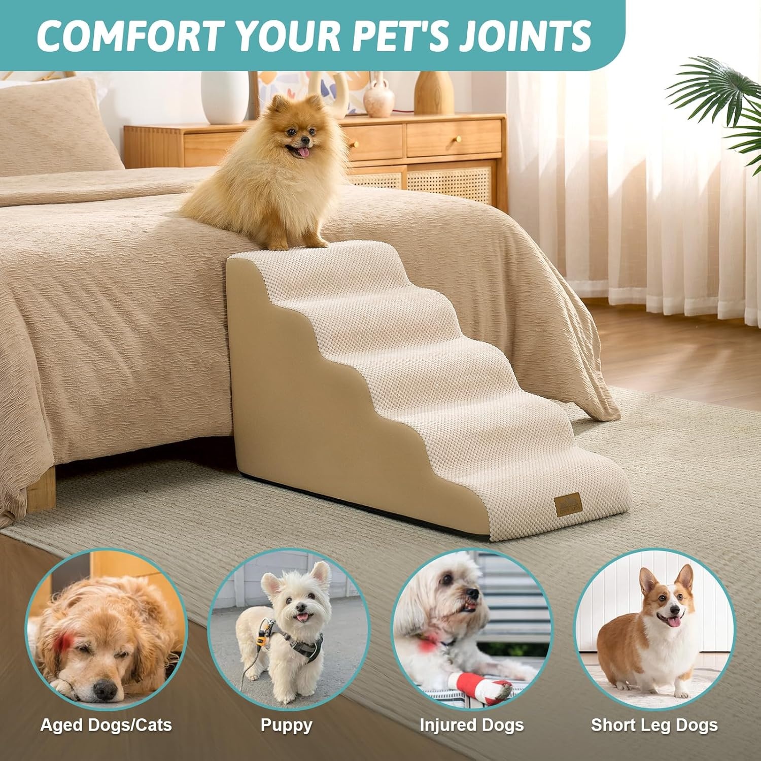 image:imageCOZY KISS Dog Stairs for Small Dogs 157 H 4Step Sturdy Foam Dog Steps for Couch and Bed Curved Pet Stairs for Puppy and Older Cat Doggie Ladder with Washable Cover 157x283x157 inch BeigeBeige