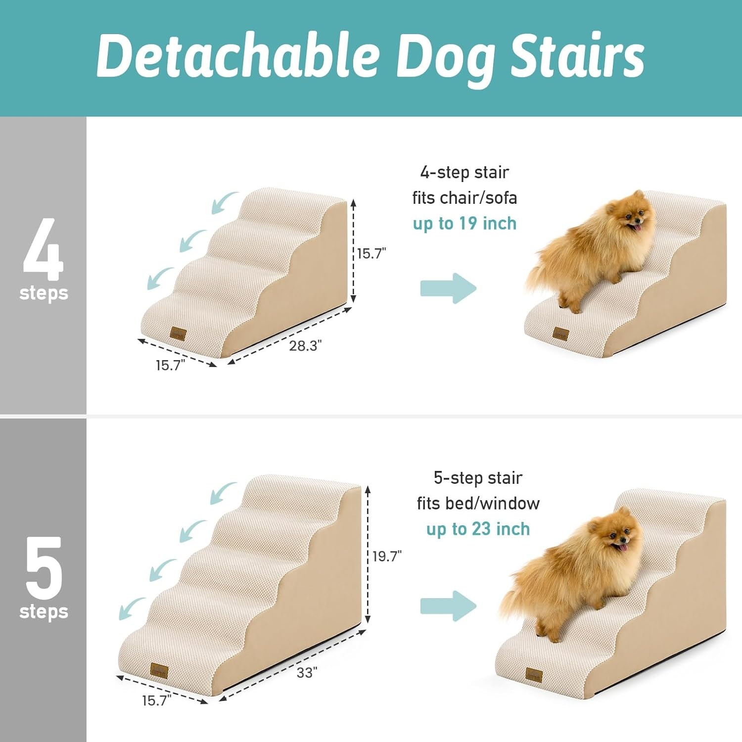 image:imageCOZY KISS Dog Stairs for Small Dogs 157 H 4Step Sturdy Foam Dog Steps for Couch and Bed Curved Pet Stairs for Puppy and Older Cat Doggie Ladder with Washable Cover 157x283x157 inch BeigeBeige