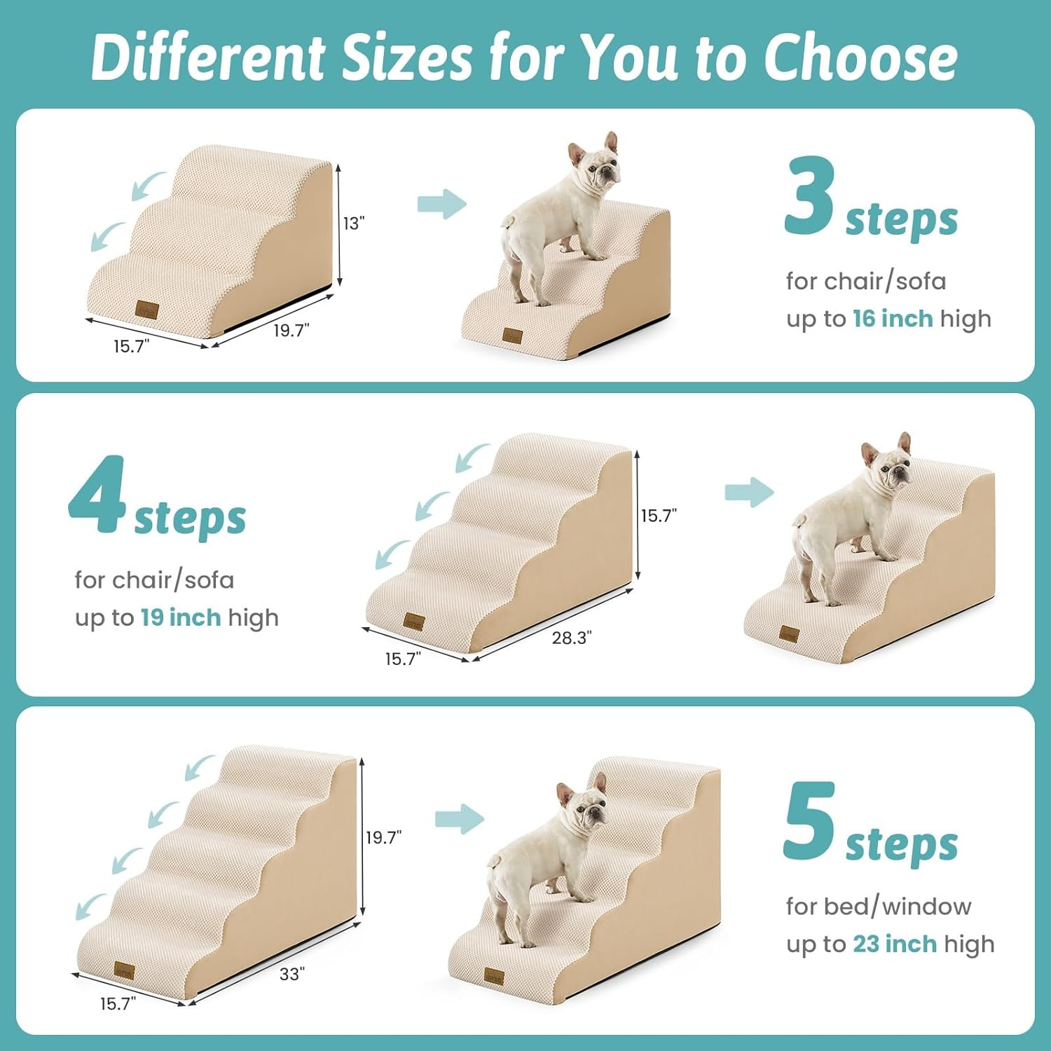 image:imageCOZY KISS Dog Stairs for Small Dogs 157 H 4Step Sturdy Foam Dog Steps for Couch and Bed Curved Pet Stairs for Puppy and Older Cat Doggie Ladder with Washable Cover 157x283x157 inch BeigeBeige