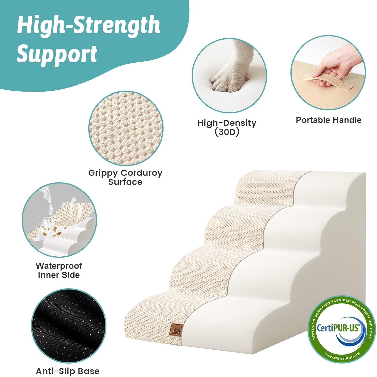 image:imageCOZY KISS Dog Stairs for Small Dogs 157 H 4Step Sturdy Foam Dog Steps for Couch and Bed Curved Pet Stairs for Puppy and Older Cat Doggie Ladder with Washable Cover 157x283x157 inch BeigeBeige