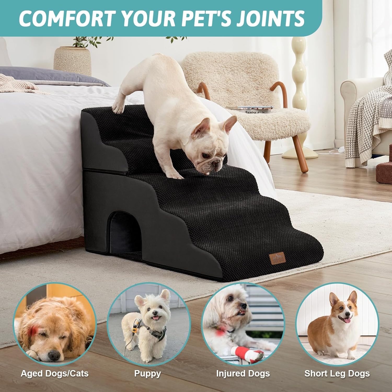 image:imageCOZY KISS Dog Stairs for Small Dogs 3Step 2 in 1 Transformable Pet Stairs for Couch and Bed 157 H Dog Steps for Old Cats Puppy Small Dogs Beige 157x224x157 in 30Black