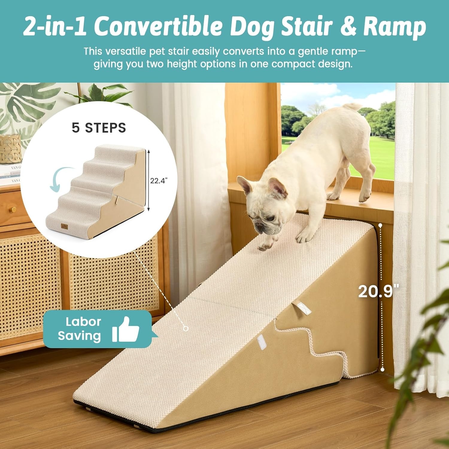 image:imageCOZY KISS Dog Stairs for Small Dogs 3Step 2 in 1 Transformable Pet Stairs for Couch and Bed 157 H Dog Steps for Old Cats Puppy Small Dogs Beige 157x224x157 in 30Beige