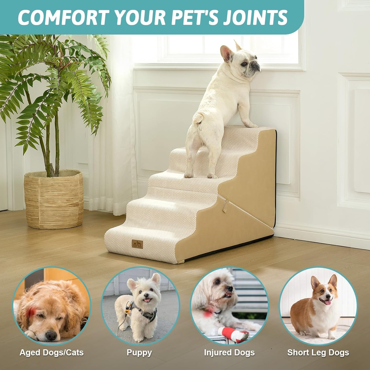 image:imageCOZY KISS Dog Stairs for Small Dogs 3Step 2 in 1 Transformable Pet Stairs for Couch and Bed 157 H Dog Steps for Old Cats Puppy Small Dogs Beige 157x224x157 in 30Beige