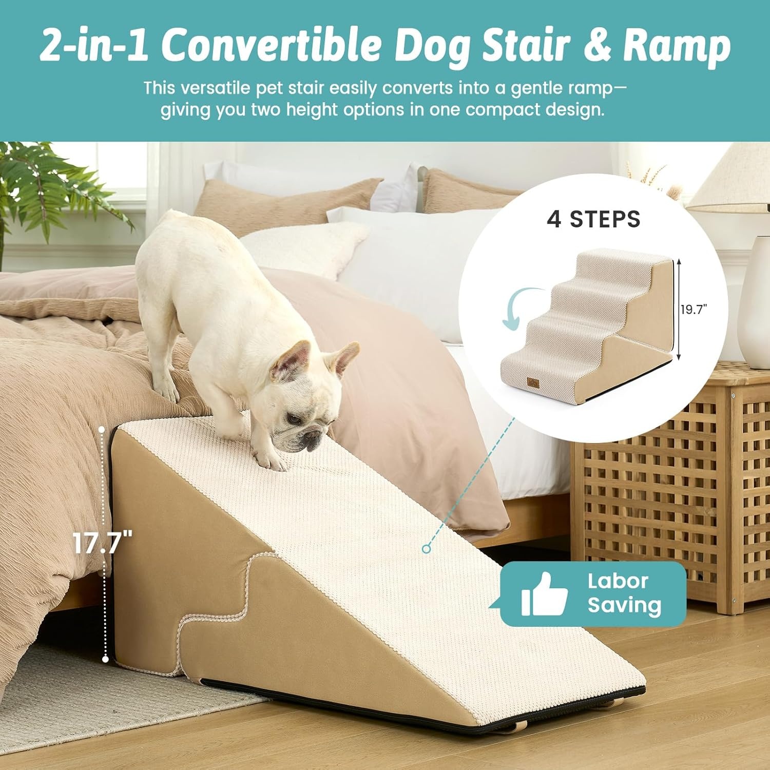 image:imageCOZY KISS Dog Stairs for Small Dogs 3Step 2 in 1 Transformable Pet Stairs for Couch and Bed 157 H Dog Steps for Old Cats Puppy Small Dogs Beige 157x224x157 in 30Beige
