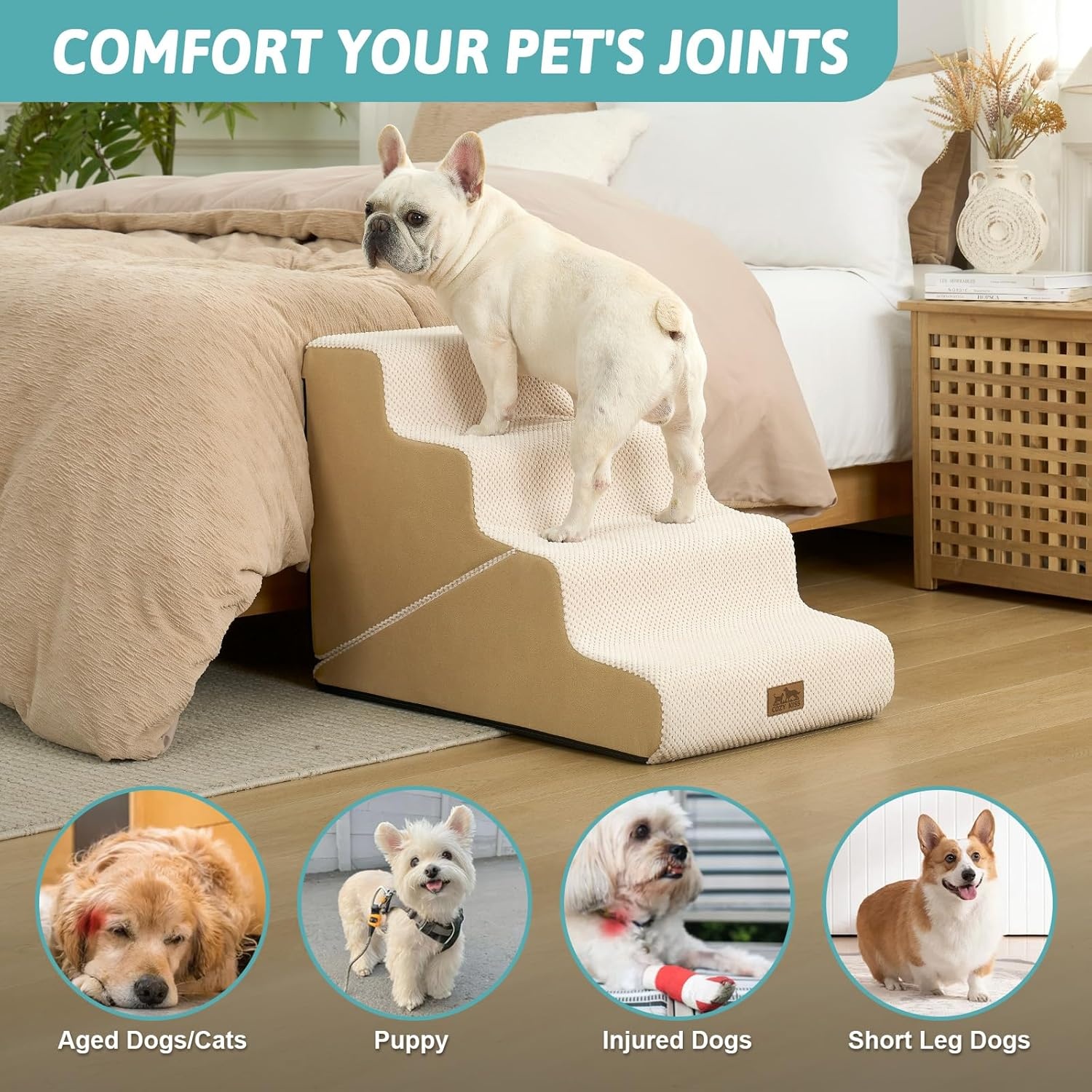 image:imageCOZY KISS Dog Stairs for Small Dogs 3Step 2 in 1 Transformable Pet Stairs for Couch and Bed 157 H Dog Steps for Old Cats Puppy Small Dogs Beige 157x224x157 in 30Beige