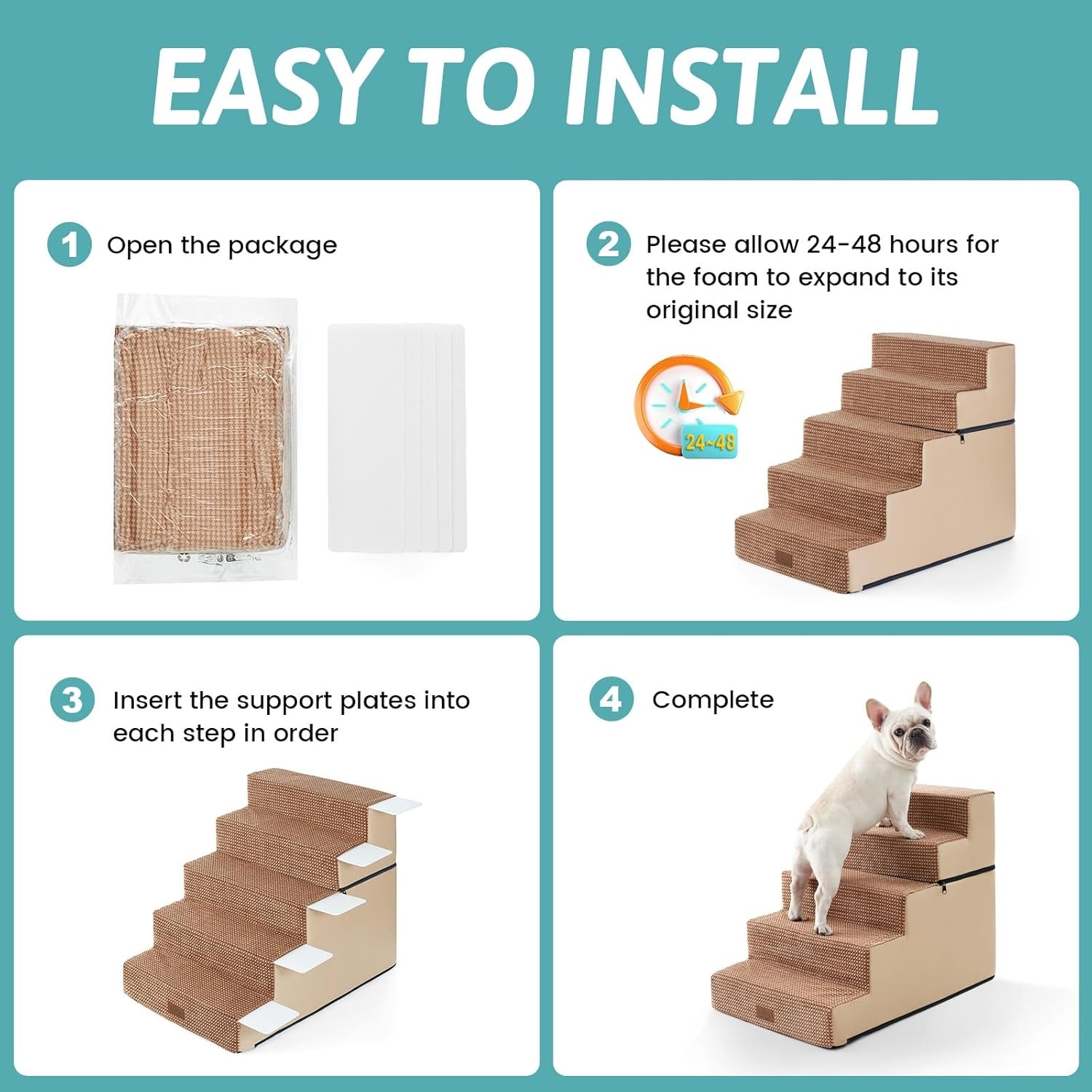 image:imageCOZY KISS Dog Stairs for Small Dogs 4 Tier Removable Pet Stairs for Couch and Bed 177 H Dog Steps for Old Cats Puppy Small Dogs 157x236x177 inch BeigeLight Brown