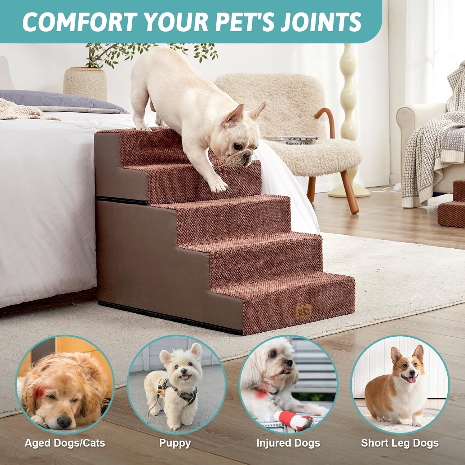 image:imageCOZY KISS Dog Stairs for Small Dogs 4 Tier Removable Pet Stairs for Couch and Bed 177 H Dog Steps for Old Cats Puppy Small Dogs 157x236x177 inch BeigeBrown