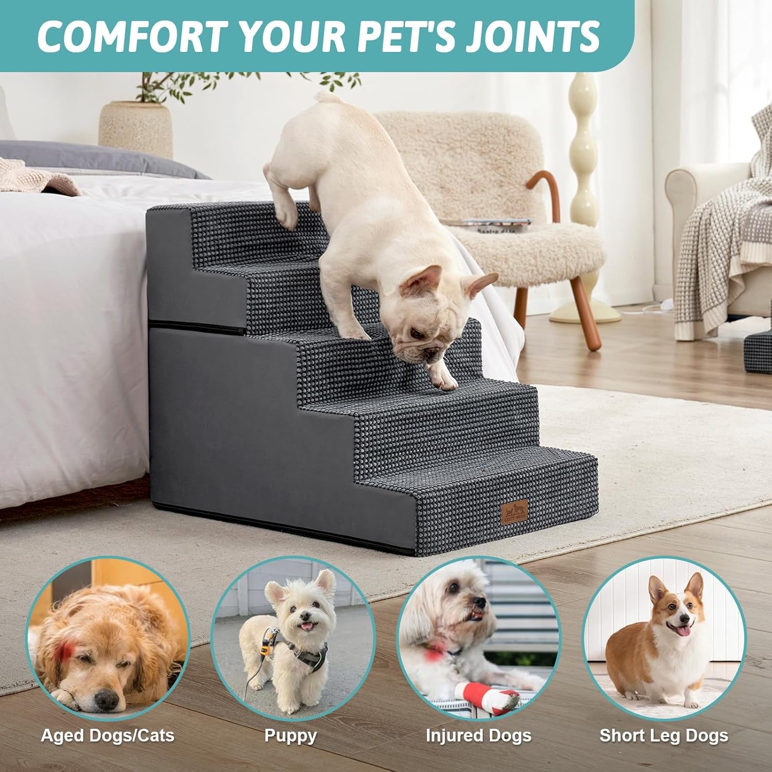 image:imageCOZY KISS Dog Stairs for Small Dogs 4 Tier Removable Pet Stairs for Couch and Bed 177 H Dog Steps for Old Cats Puppy Small Dogs 157x236x177 inch BeigeDark Grey