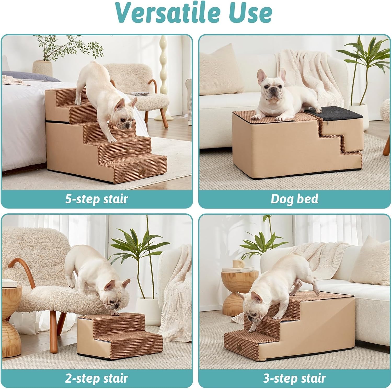 image:imageCOZY KISS Dog Stairs for Small Dogs 4 Tier Removable Pet Stairs for Couch and Bed 177 H Dog Steps for Old Cats Puppy Small Dogs 157x236x177 inch BeigeLight Brown