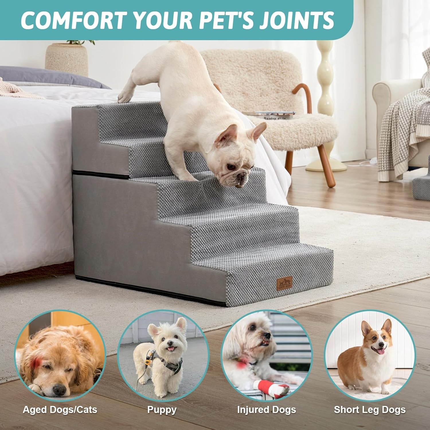 image:imageCOZY KISS Dog Stairs for Small Dogs 4 Tier Removable Pet Stairs for Couch and Bed 177 H Dog Steps for Old Cats Puppy Small Dogs 157x236x177 inch BeigeGrey