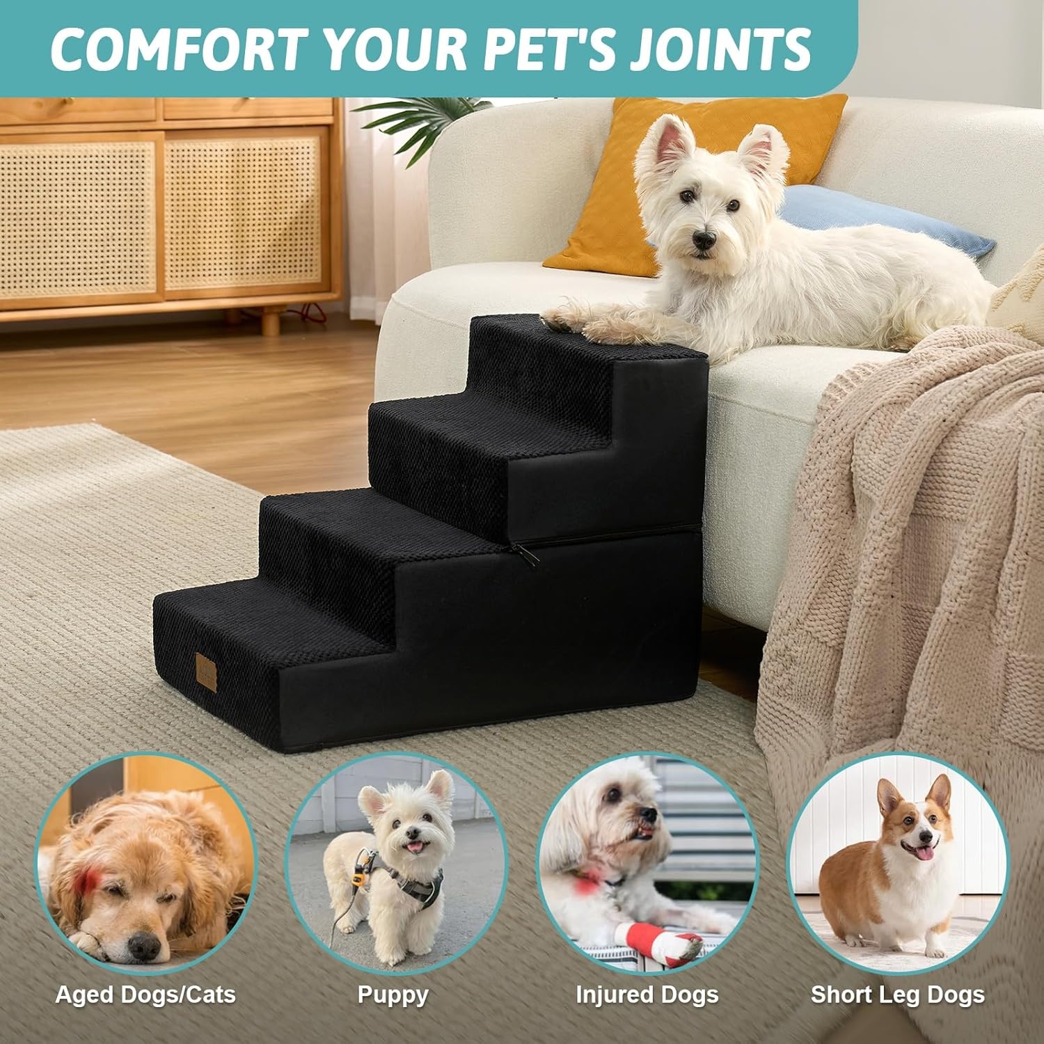 image:imageCOZY KISS Dog Stairs for Small Dogs 4 Tier Removable Pet Stairs for Couch and Bed 177 H Dog Steps for Old Cats Puppy Small Dogs 157x236x177 inch BeigeBlack
