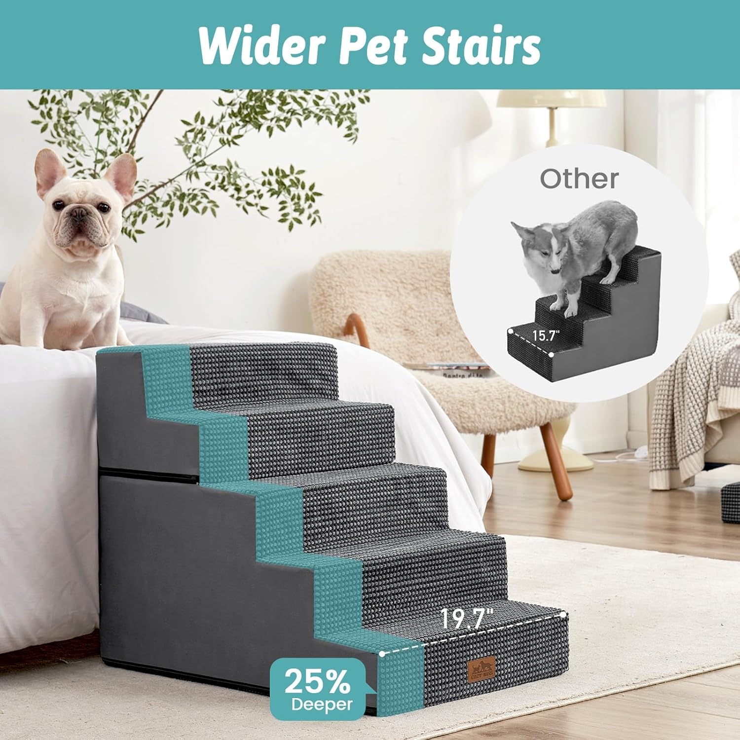 image:imageCOZY KISS Dog Stairs for Small Dogs 4 Tier Removable Pet Stairs for Couch and Bed 177 H Dog Steps for Old Cats Puppy Small Dogs 157x236x177 inch BeigeDark Grey