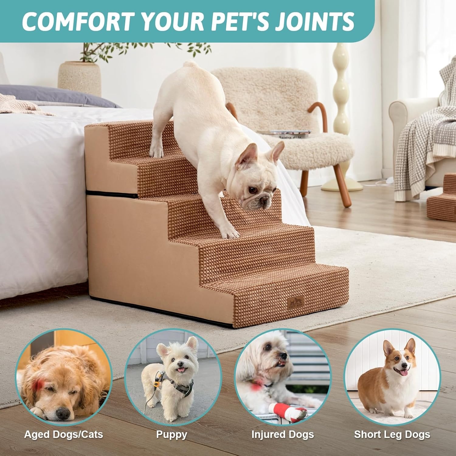 image:imageCOZY KISS Dog Stairs for Small Dogs 4 Tier Removable Pet Stairs for Couch and Bed 177 H Dog Steps for Old Cats Puppy Small Dogs 157x236x177 inch BeigeLight Brown