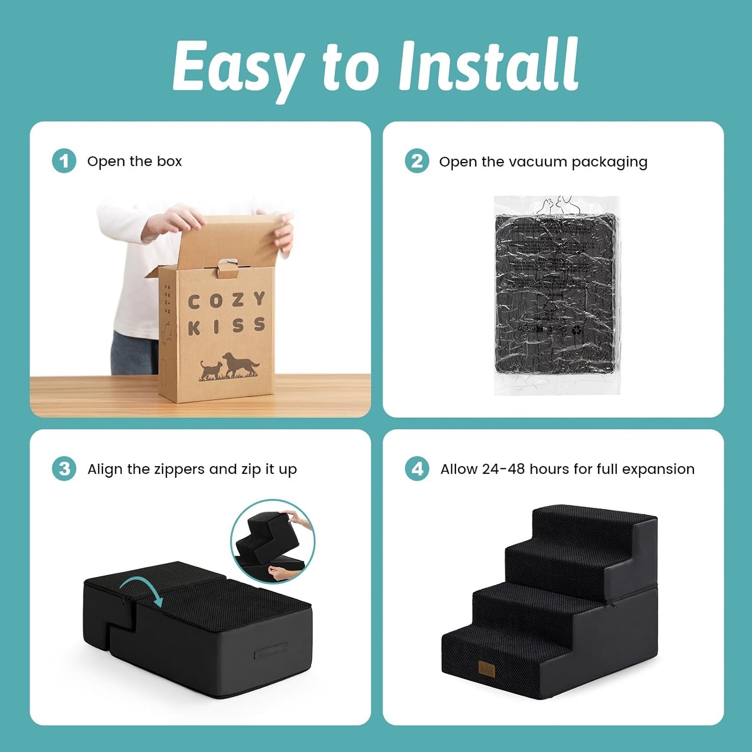 image:imageCOZY KISS Dog Stairs for Small Dogs 4 Tier Removable Pet Stairs for Couch and Bed 177 H Dog Steps for Old Cats Puppy Small Dogs 157x236x177 inch BeigeBlack