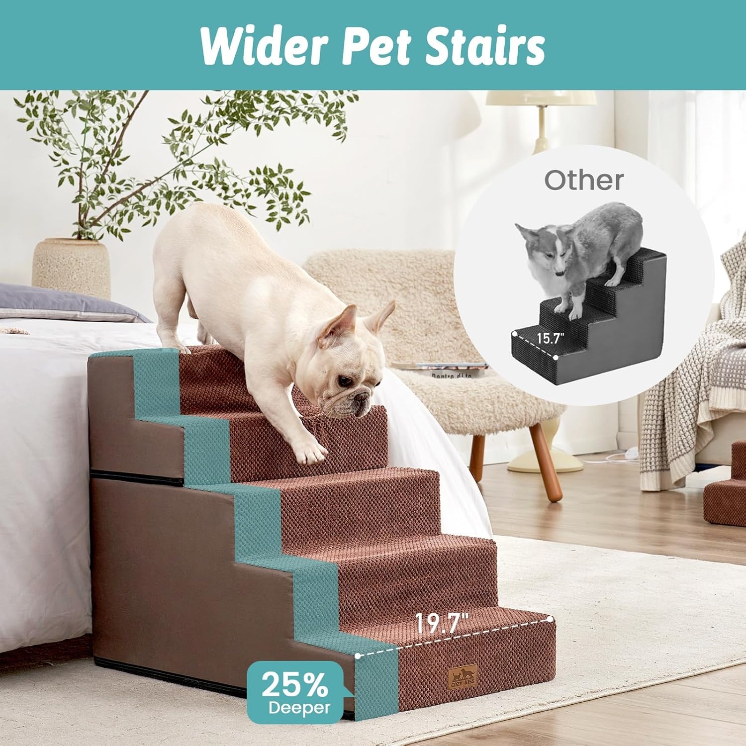 image:imageCOZY KISS Dog Stairs for Small Dogs 4 Tier Removable Pet Stairs for Couch and Bed 177 H Dog Steps for Old Cats Puppy Small Dogs 157x236x177 inch BeigeBrown