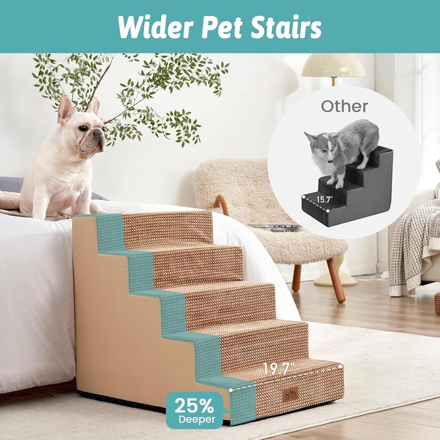 image:imageCOZY KISS Dog Stairs for Small Dogs 4 Tier Removable Pet Stairs for Couch and Bed 177 H Dog Steps for Old Cats Puppy Small Dogs 157x236x177 inch BeigeLight Brown