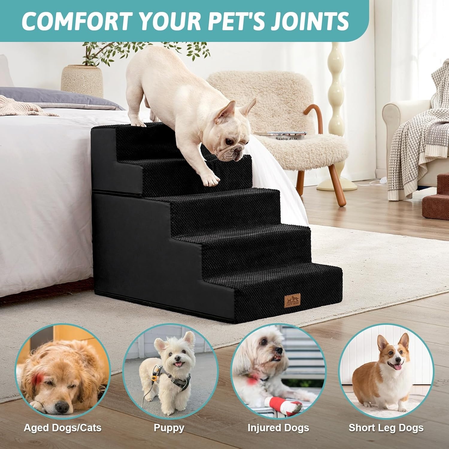 image:imageCOZY KISS Dog Stairs for Small Dogs 4 Tier Removable Pet Stairs for Couch and Bed 177 H Dog Steps for Old Cats Puppy Small Dogs 157x236x177 inch BeigeBlack