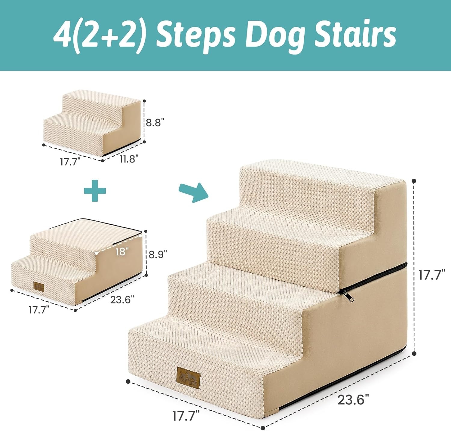 image:imageCOZY KISS Dog Stairs for Small Dogs 4 Tier Removable Pet Stairs for Couch and Bed 177 H Dog Steps for Old Cats Puppy Small Dogs 157x236x177 inch BeigeBeige
