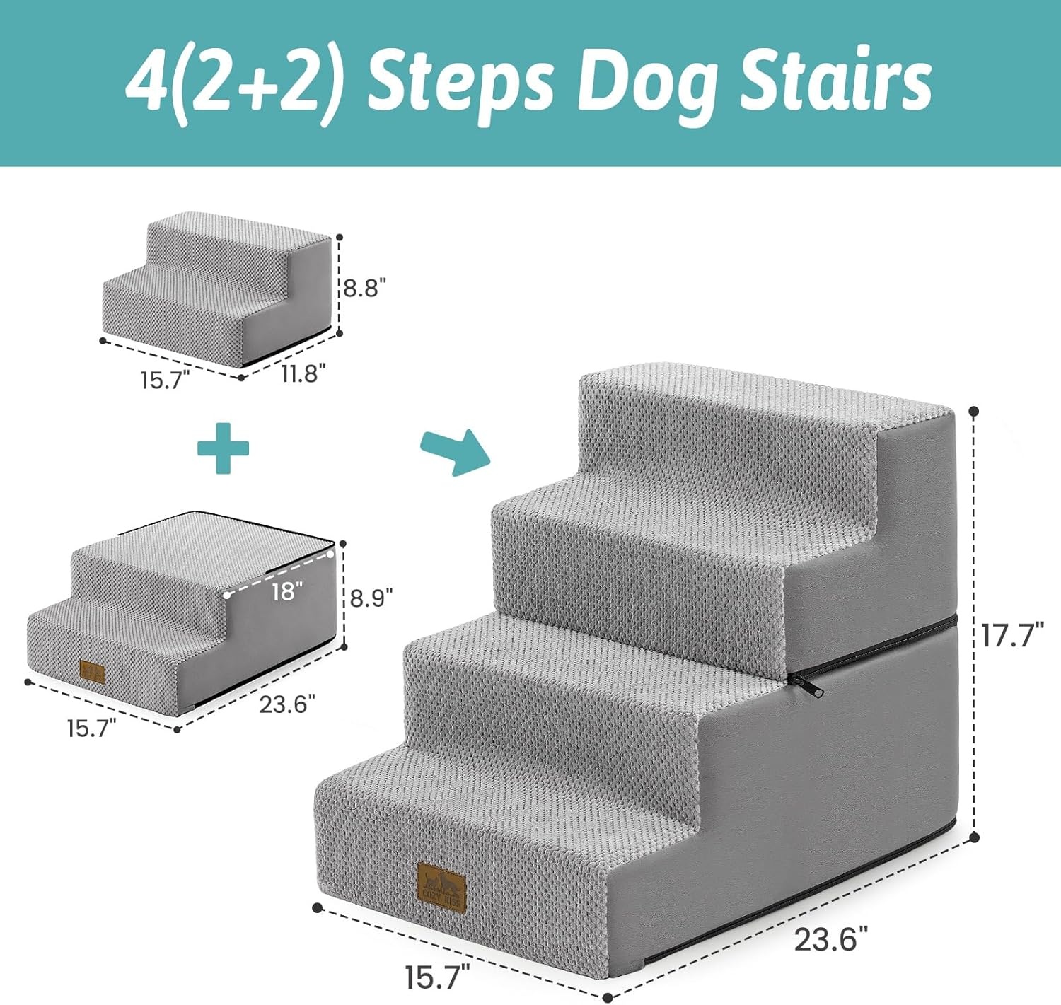 image:imageCOZY KISS Dog Stairs for Small Dogs 4 Tier Removable Pet Stairs for Couch and Bed 177 H Dog Steps for Old Cats Puppy Small Dogs 157x236x177 inch BeigeGrey