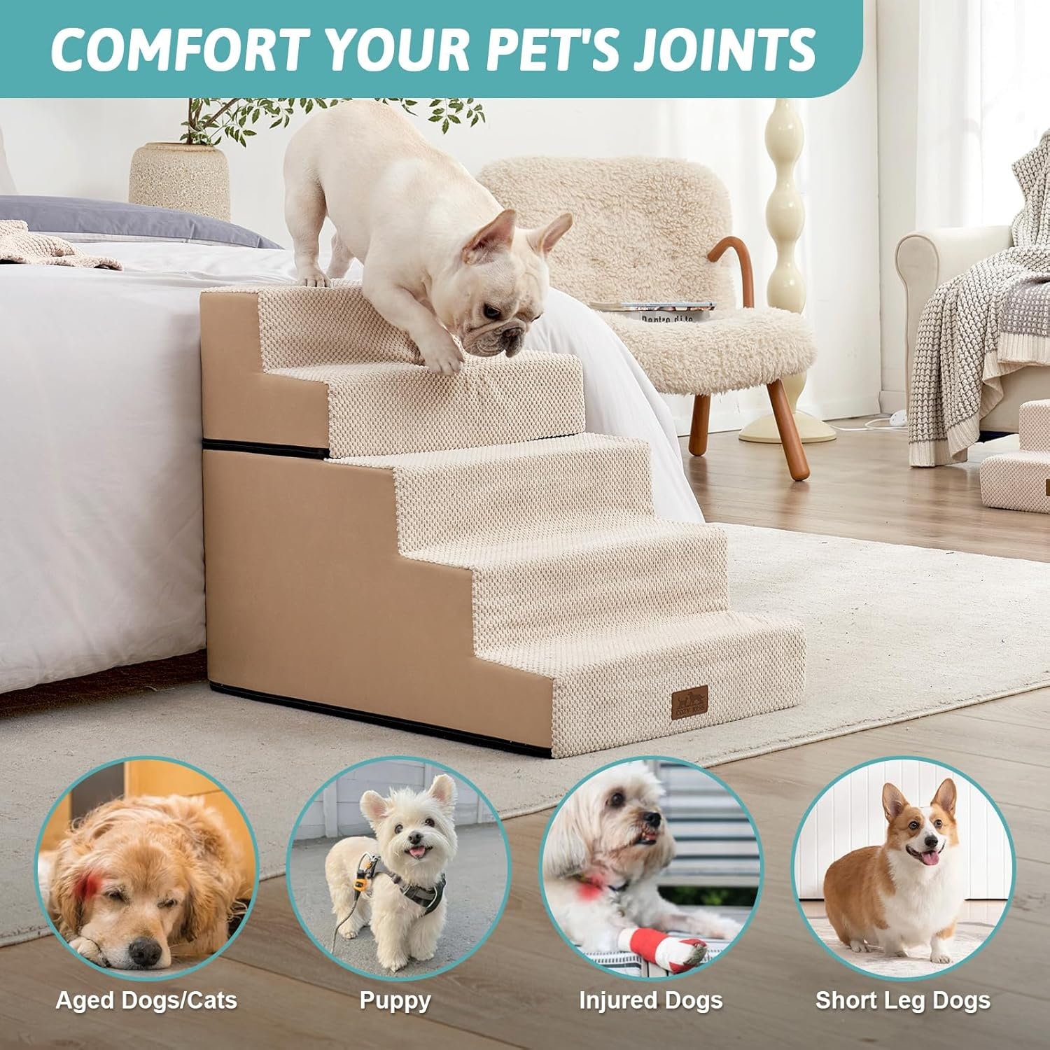 image:imageCOZY KISS Dog Stairs for Small Dogs 4 Tier Removable Pet Stairs for Couch and Bed 177 H Dog Steps for Old Cats Puppy Small Dogs 157x236x177 inch BeigeBeige