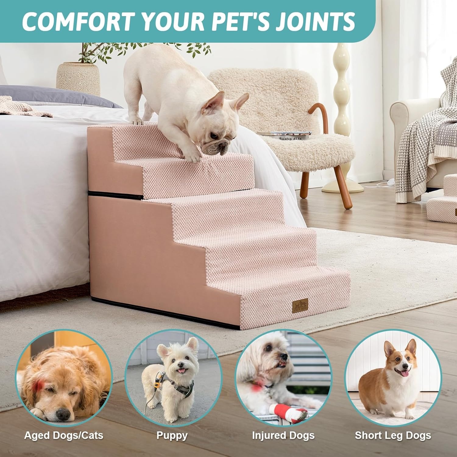 image:imageCOZY KISS Dog Stairs for Small Dogs 4 Tier Removable Pet Stairs for Couch and Bed 177 H Dog Steps for Old Cats Puppy Small Dogs 157x236x177 inch BeigePink