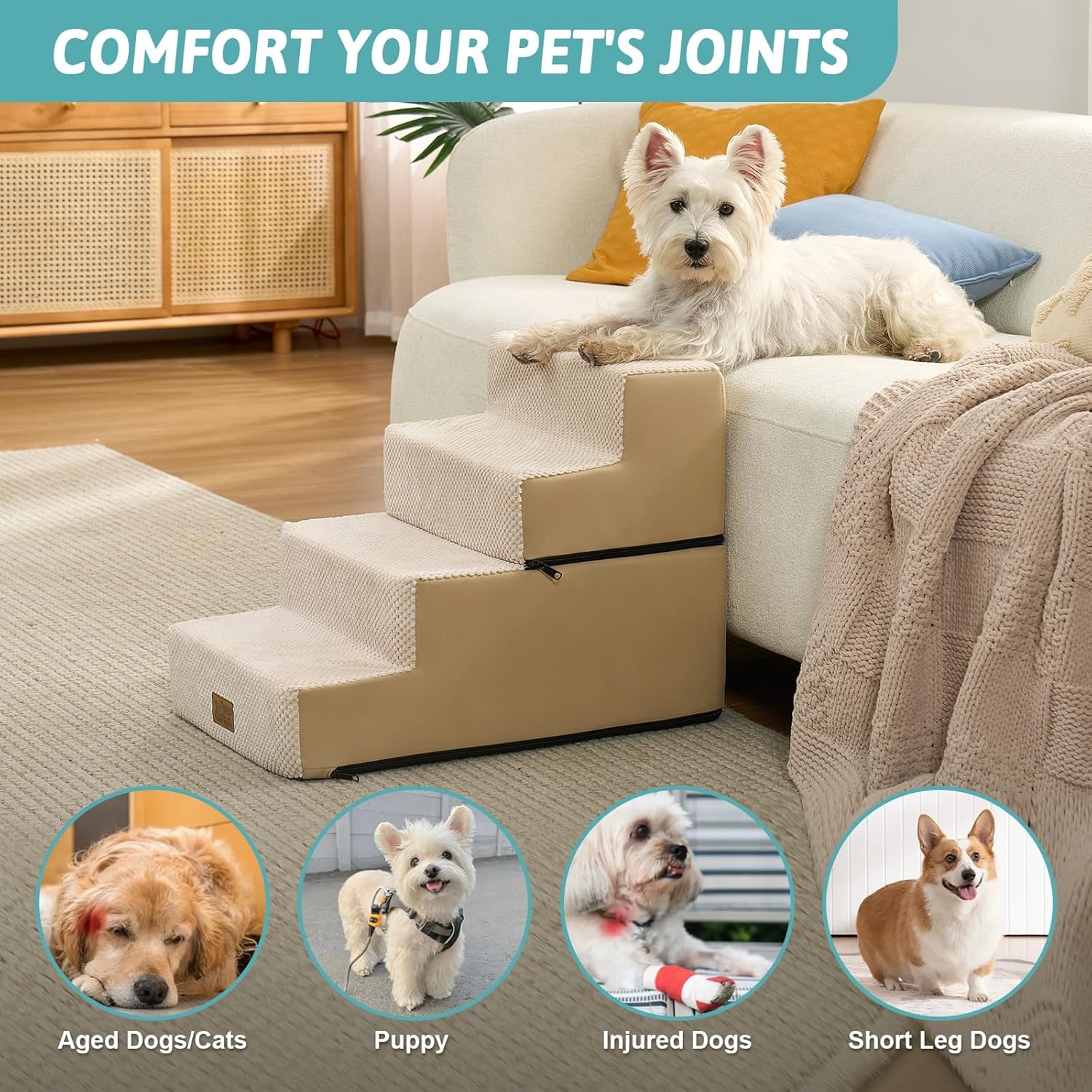 image:imageCOZY KISS Dog Stairs for Small Dogs 4 Tier Removable Pet Stairs for Couch and Bed 177 H Dog Steps for Old Cats Puppy Small Dogs 157x236x177 inch BeigeBeige
