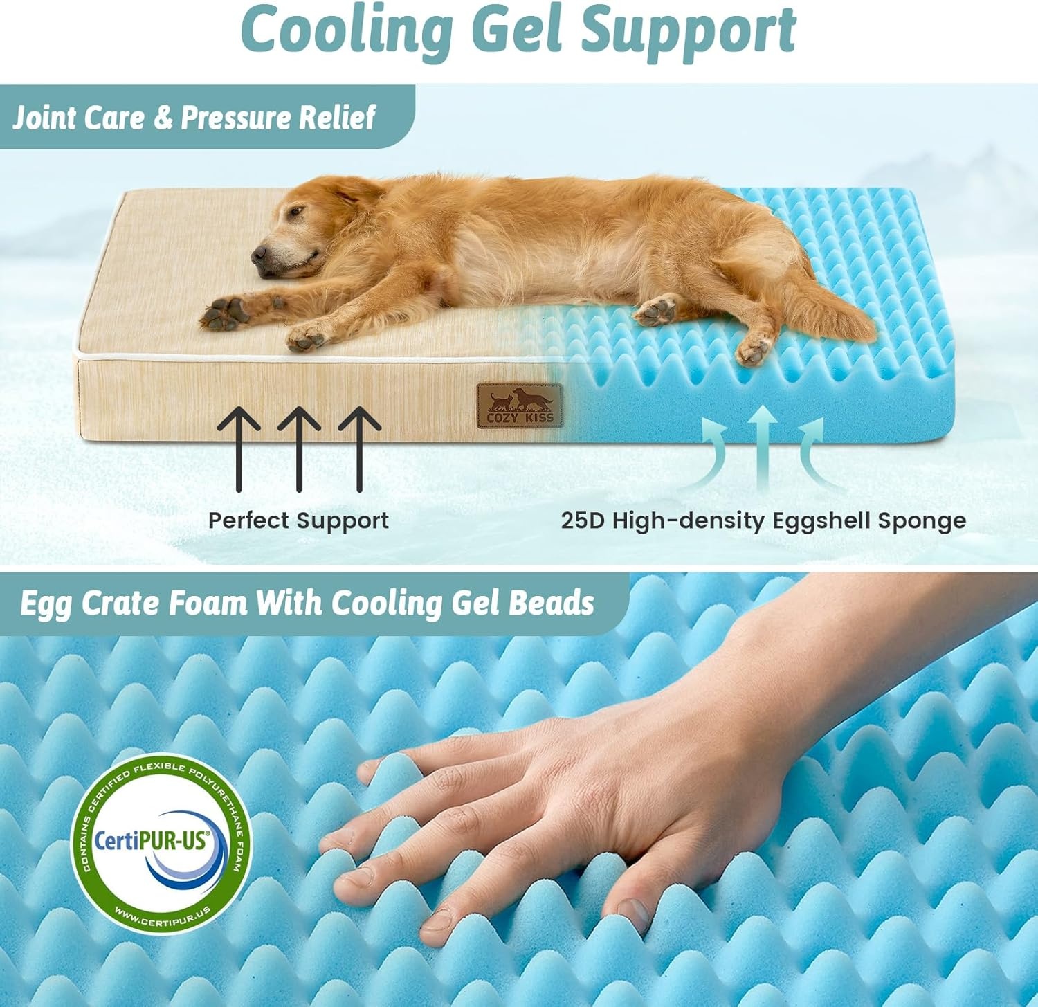 image:imageCOZY KISS Cooling Dog Bed for Crate Waterproof Orthopedic Dog Crate Mat with Removable Washable Cover Egg Crate Foam Support Dog Bed 36x27x3 InchSilver GreyBeige