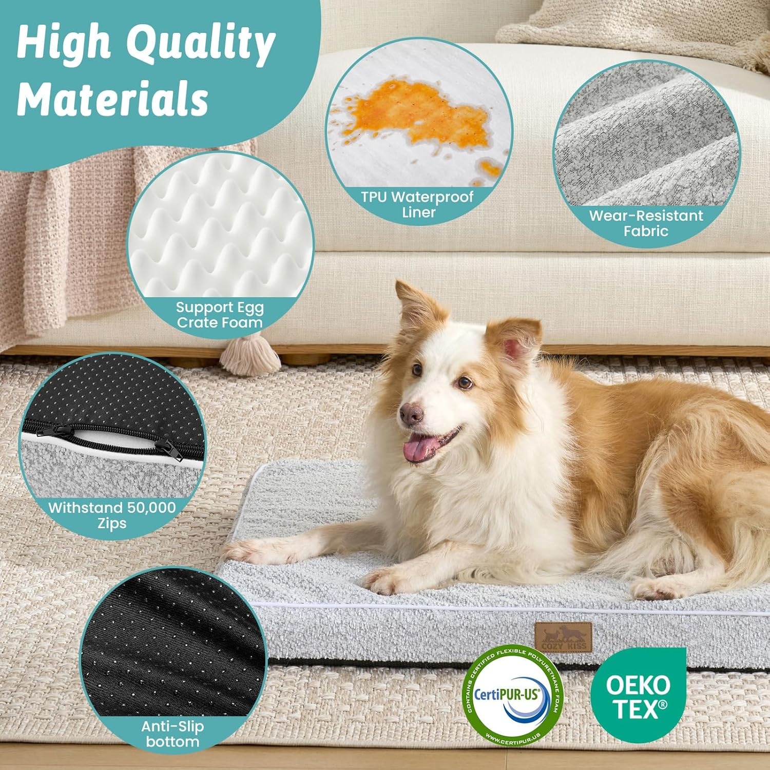 image:imageCOZY KISS Dog Crate Bed for Small Size Dogs Rectangular Orthopedic Cat Beds Foam AntiSlip Bottom Pet Mat with Washable Removable Cover Suitable for Pet Up to 30 lbs 24x16x3 inch BeigeGrey