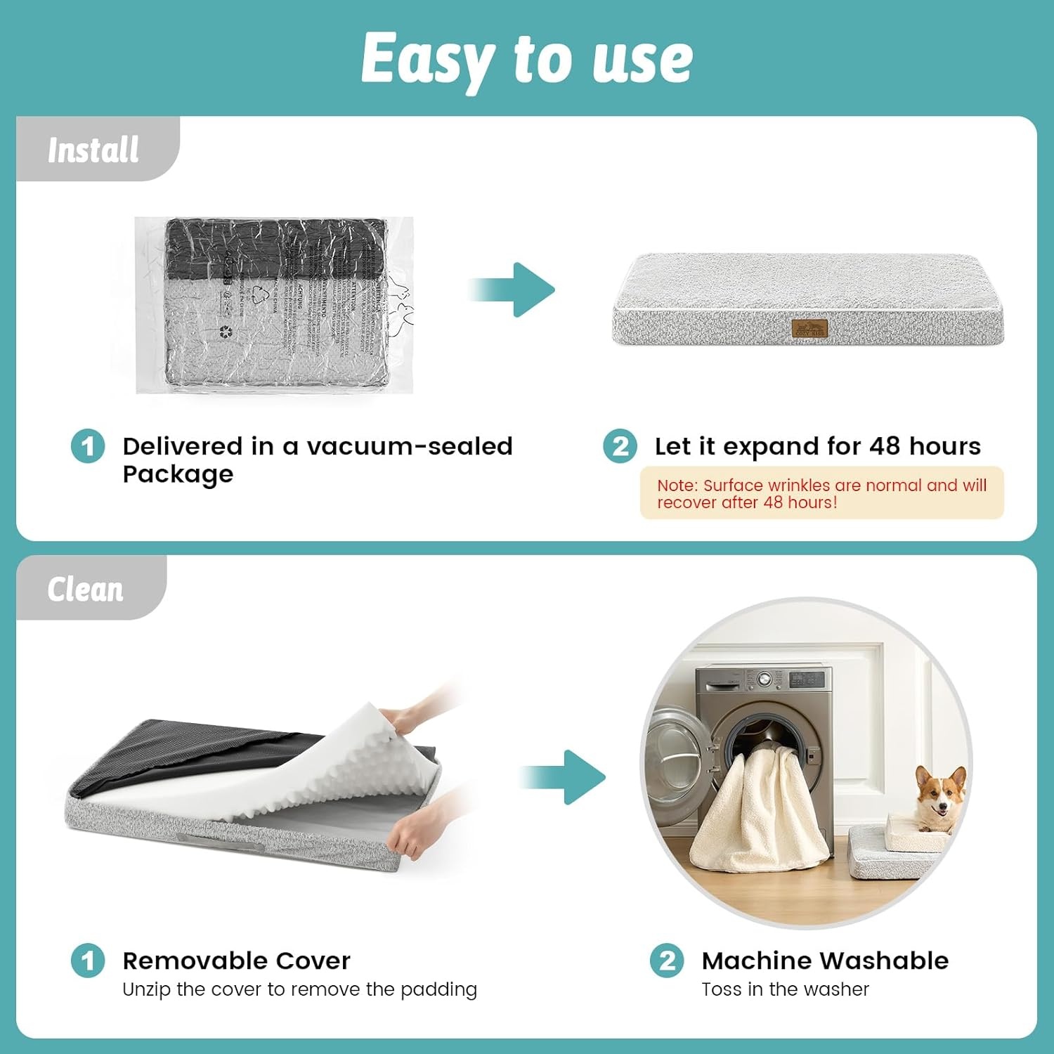 image:imageCOZY KISS Dog Crate Bed for Small Size Dogs Rectangular Orthopedic Cat Beds Foam AntiSlip Bottom Pet Mat with Washable Removable Cover Suitable for Pet Up to 30 lbs 24x16x3 inch BeigeGrey