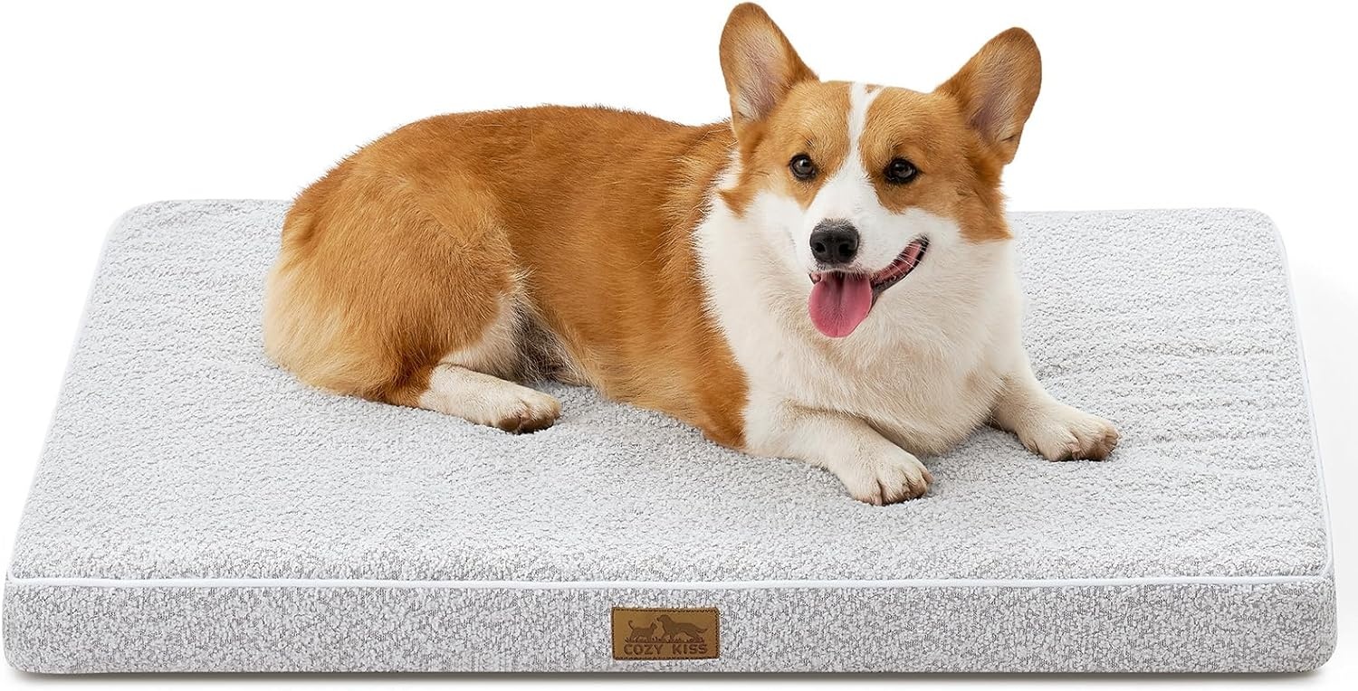 image:imageCOZY KISS Dog Crate Bed for Small Size Dogs Rectangular Orthopedic Cat Beds Foam AntiSlip Bottom Pet Mat with Washable Removable Cover Suitable for Pet Up to 30 lbs 24x16x3 inch BeigeGrey