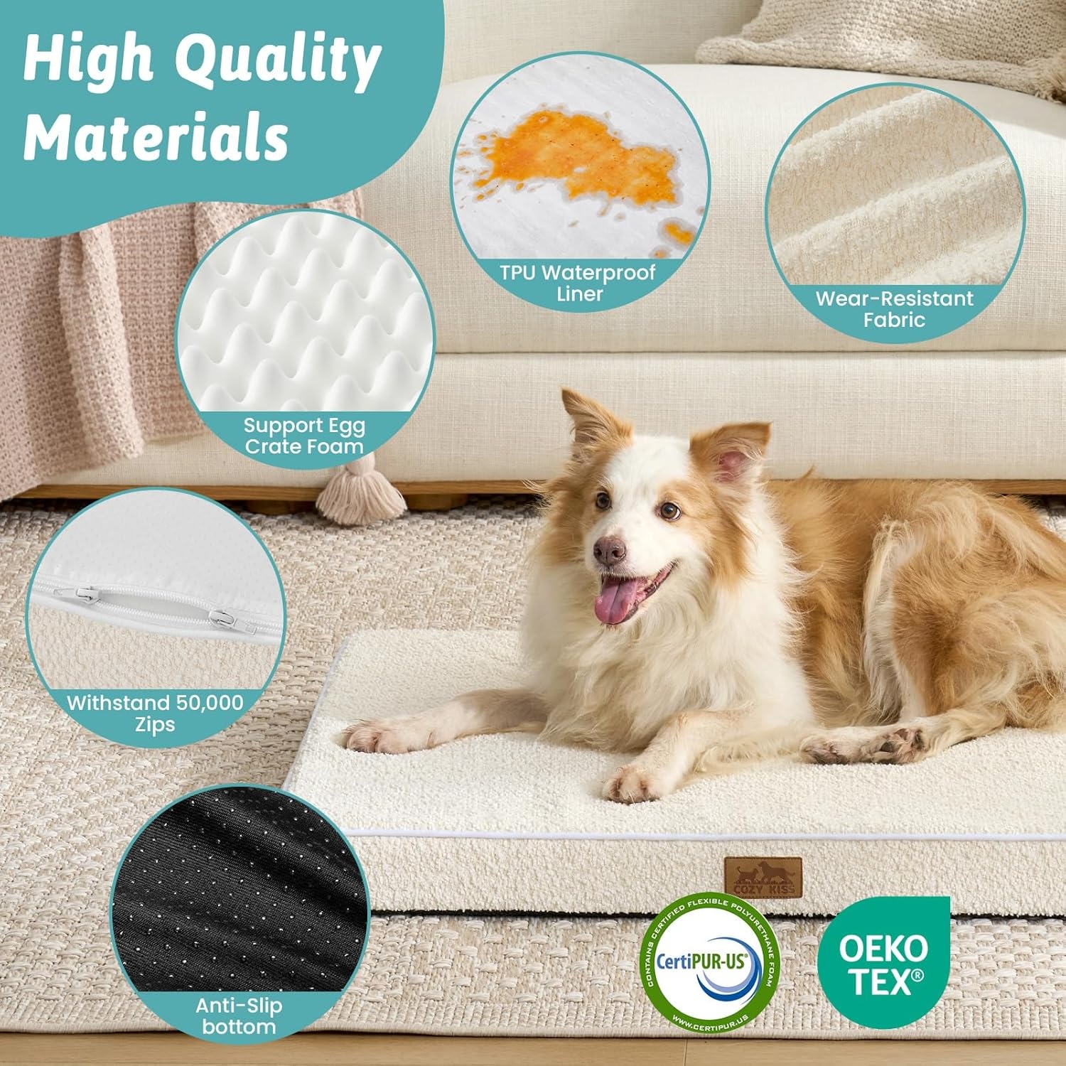 image:imageCOZY KISS Dog Crate Bed for Small Size Dogs Rectangular Orthopedic Cat Beds Foam AntiSlip Bottom Pet Mat with Washable Removable Cover Suitable for Pet Up to 30 lbs 24x16x3 inch BeigeBeige