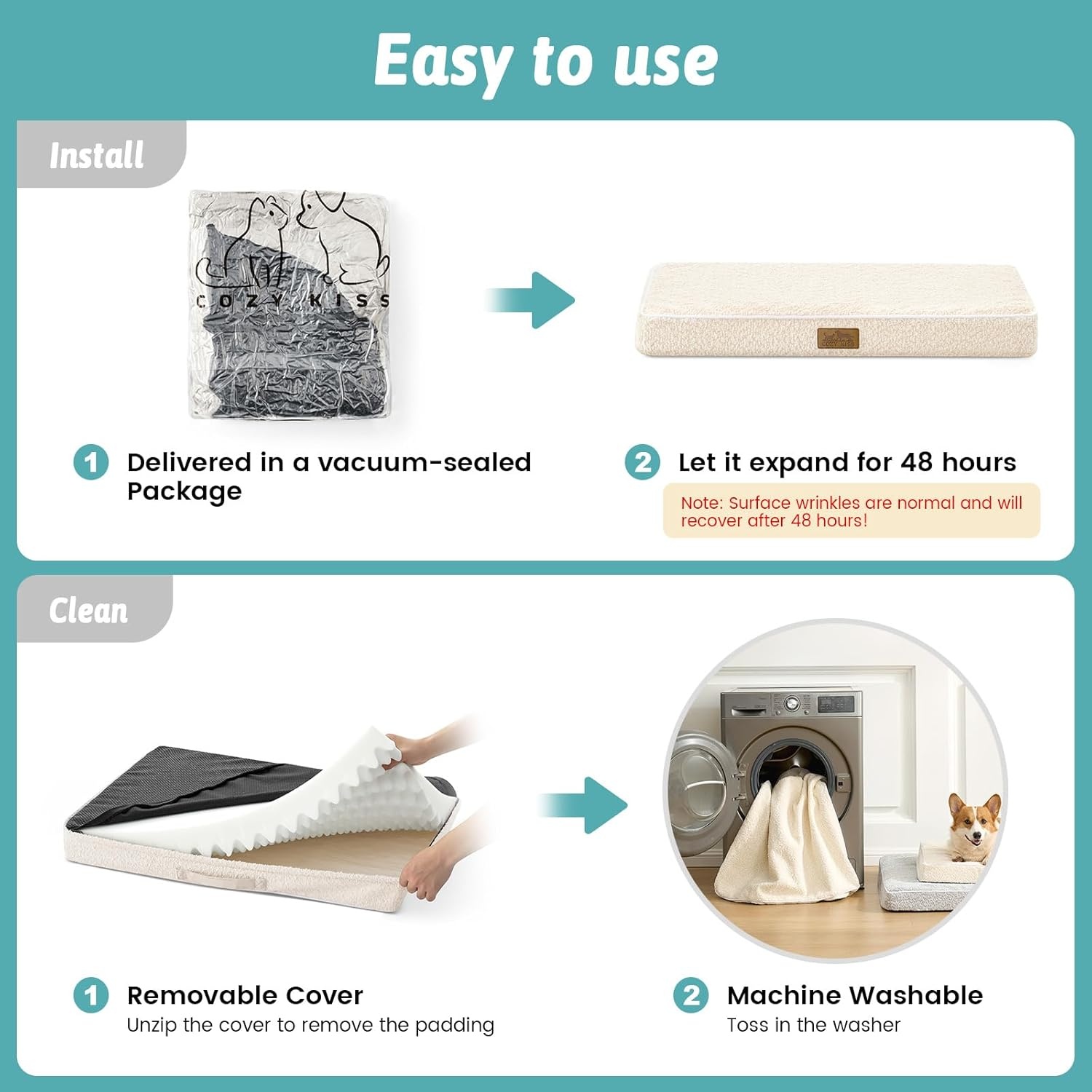 image:imageCOZY KISS Dog Crate Bed for Small Size Dogs Rectangular Orthopedic Cat Beds Foam AntiSlip Bottom Pet Mat with Washable Removable Cover Suitable for Pet Up to 30 lbs 24x16x3 inch BeigeBeige