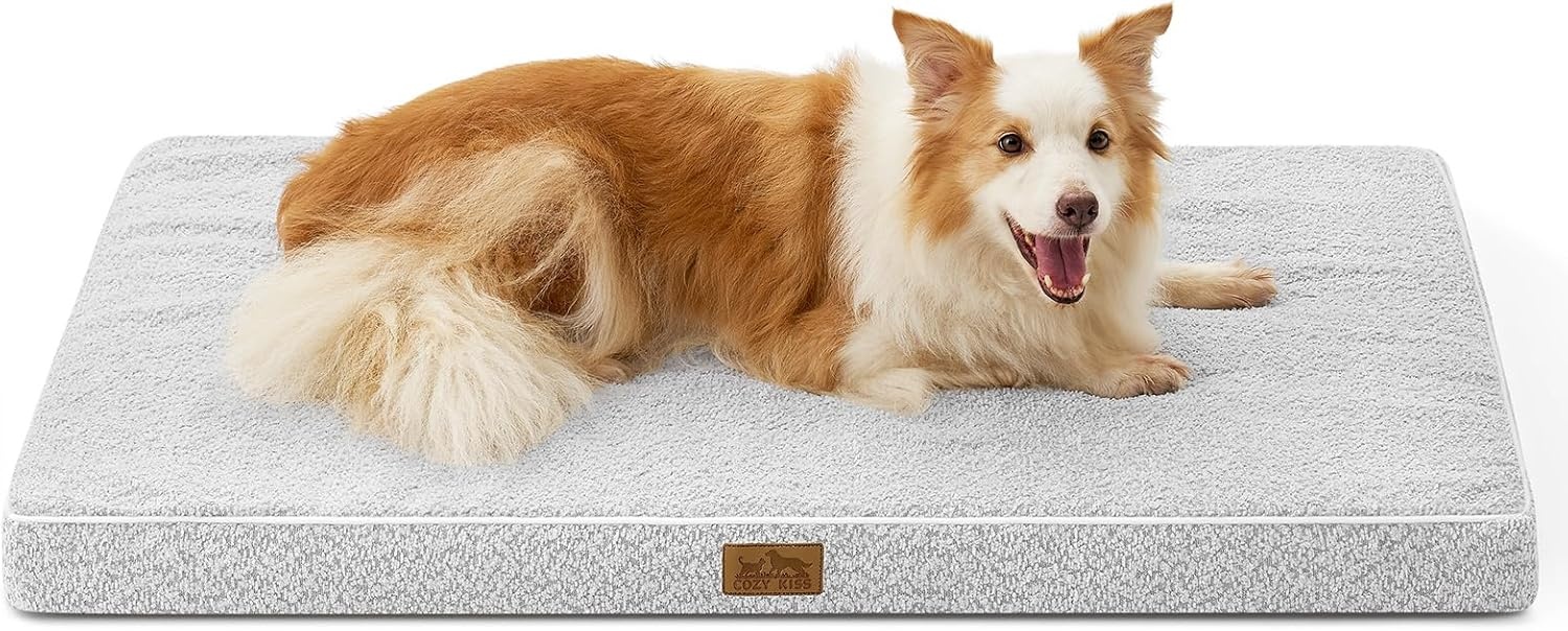 image:imageCOZY KISS Dog Crate Bed for Small Size Dogs Rectangular Orthopedic Cat Beds Foam AntiSlip Bottom Pet Mat with Washable Removable Cover Suitable for Pet Up to 30 lbs 24x16x3 inch BeigeGrey
