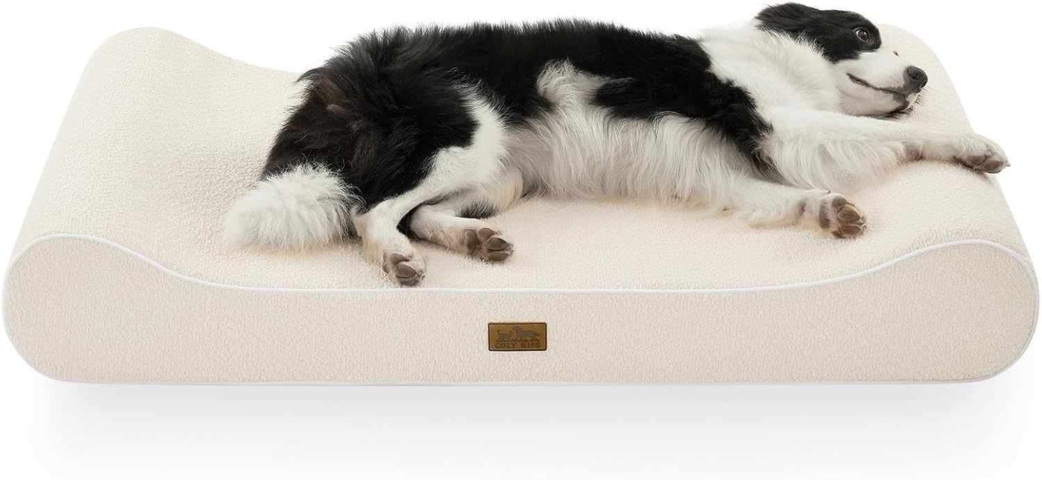 image:imageCOZY KISS Orthopedic Dog Bed for Large Dogs up to 90 lbs Removable Washable Cover with Waterproof Lining amp NonSkid Bottom CottonPolyester Blend BoatShaped Lounger Mattress L45x30x6in BeigeBeige
