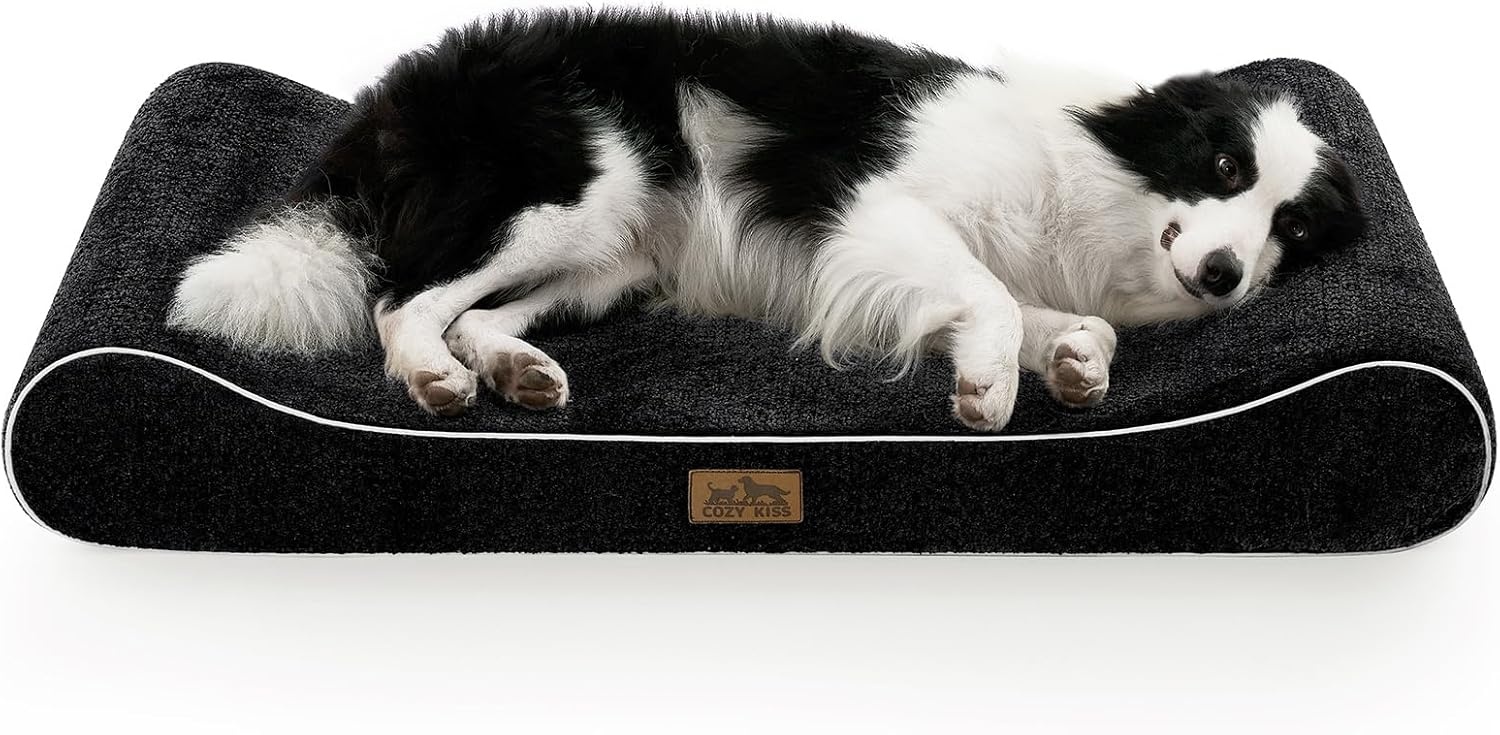 image:imageCOZY KISS Orthopedic Dog Bed for Large Dogs up to 90 lbs Removable Washable Cover with Waterproof Lining amp NonSkid Bottom CottonPolyester Blend BoatShaped Lounger Mattress L45x30x6in BeigeBlack