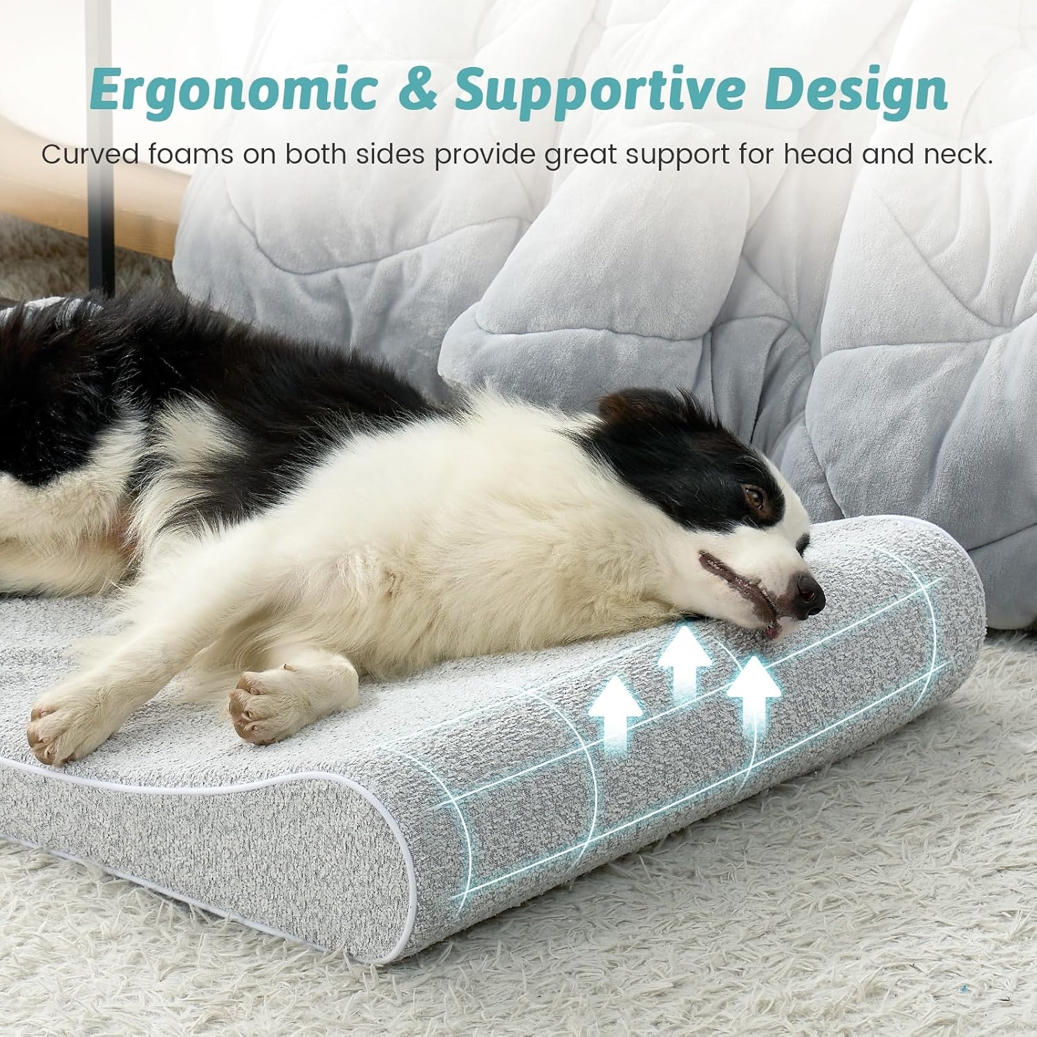 image:imageCOZY KISS Orthopedic Dog Bed for Large Dogs up to 90 lbs Removable Washable Cover with Waterproof Lining amp NonSkid Bottom CottonPolyester Blend BoatShaped Lounger Mattress L45x30x6in BeigeLight gray