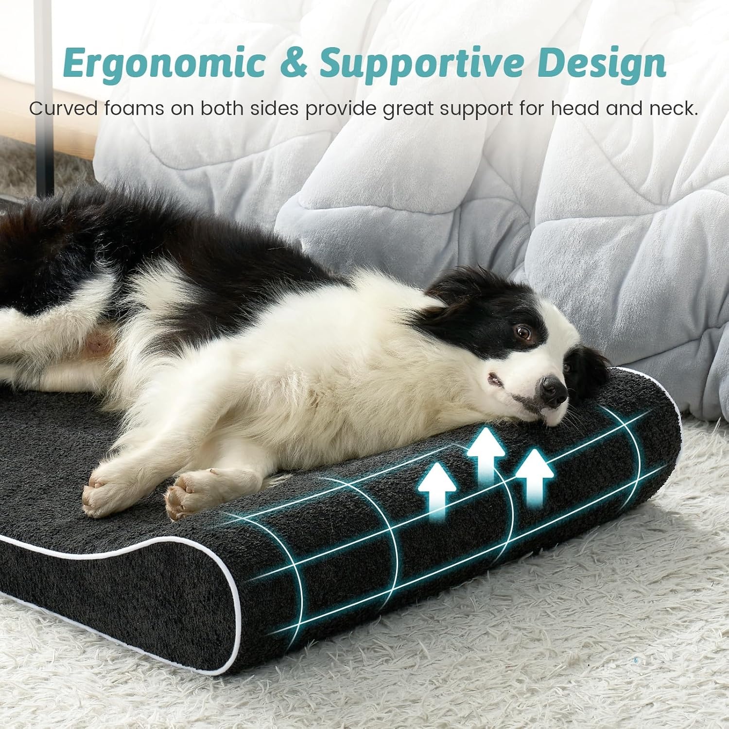 image:imageCOZY KISS Orthopedic Dog Bed for Large Dogs up to 90 lbs Removable Washable Cover with Waterproof Lining amp NonSkid Bottom CottonPolyester Blend BoatShaped Lounger Mattress L45x30x6in BeigeBlack