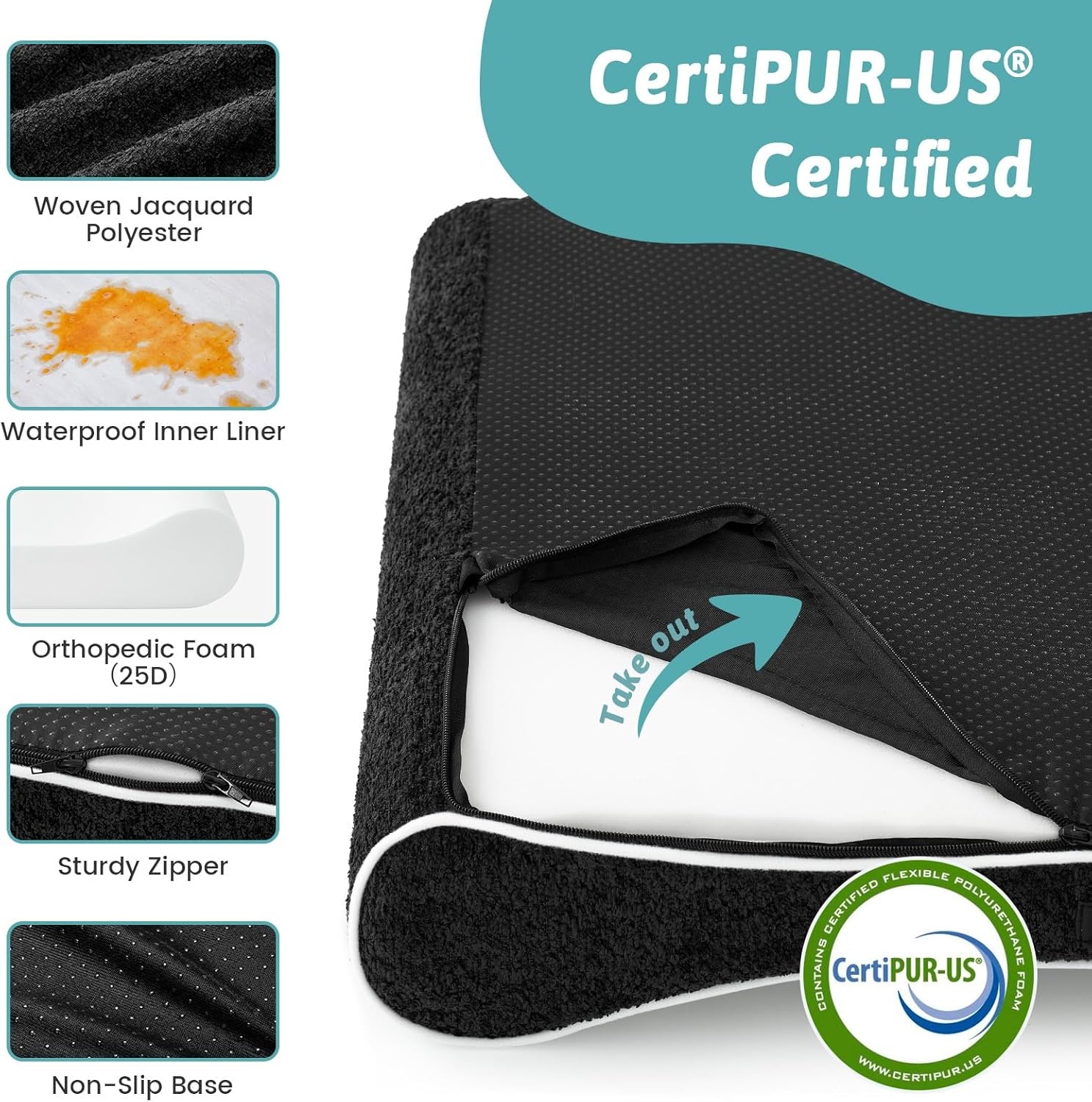 image:imageCOZY KISS Orthopedic Dog Bed for Large Dogs up to 90 lbs Removable Washable Cover with Waterproof Lining amp NonSkid Bottom CottonPolyester Blend BoatShaped Lounger Mattress L45x30x6in BeigeBlack