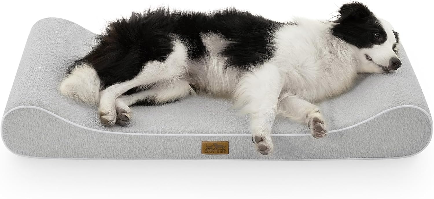 image:imageCOZY KISS Orthopedic Dog Bed for Large Dogs up to 90 lbs Removable Washable Cover with Waterproof Lining amp NonSkid Bottom CottonPolyester Blend BoatShaped Lounger Mattress L45x30x6in BeigeLight gray