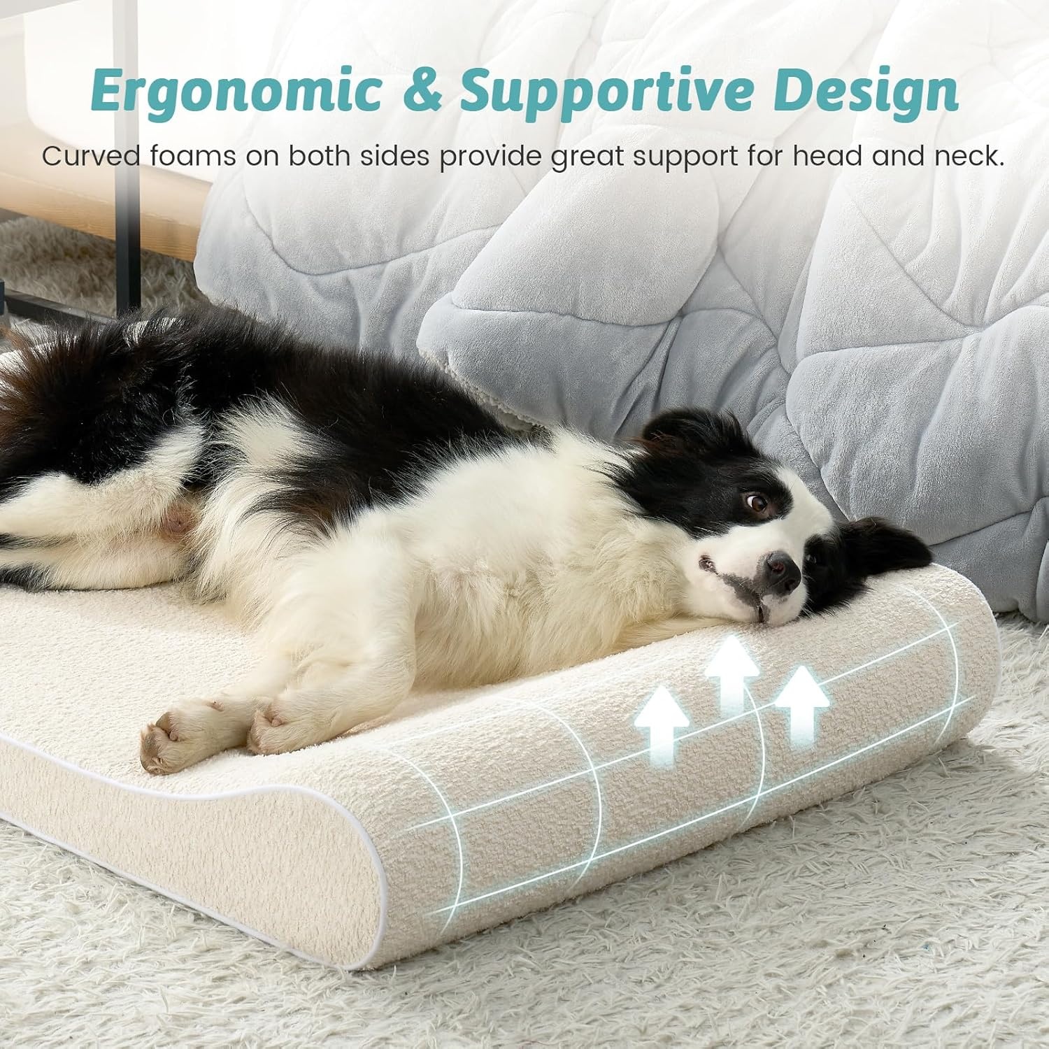 image:imageCOZY KISS Orthopedic Dog Bed for Large Dogs up to 90 lbs Removable Washable Cover with Waterproof Lining amp NonSkid Bottom CottonPolyester Blend BoatShaped Lounger Mattress L45x30x6in BeigeBeige