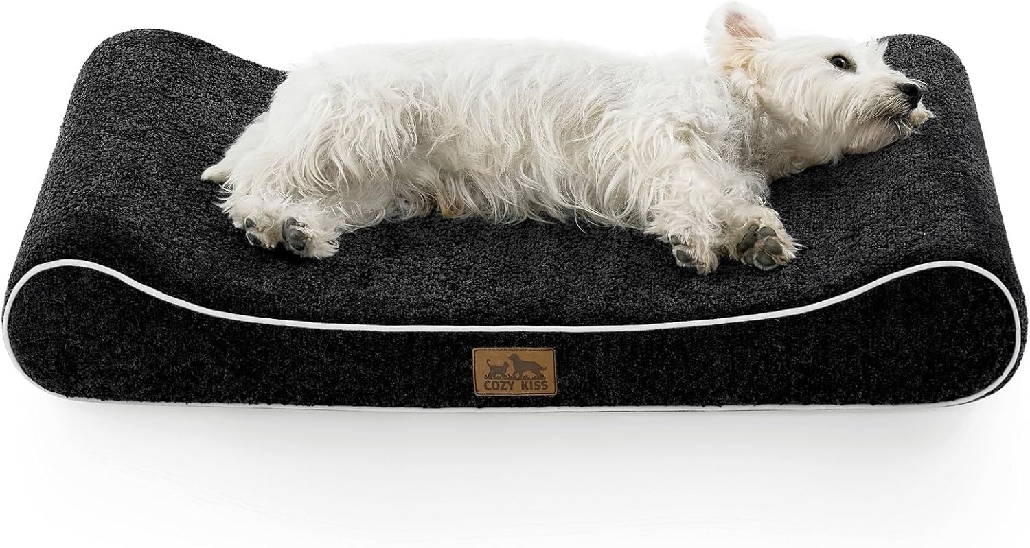 image:imageCOZY KISS Orthopedic Dog Bed for Large Dogs up to 90 lbs Removable Washable Cover with Waterproof Lining amp NonSkid Bottom CottonPolyester Blend BoatShaped Lounger Mattress L45x30x6in BeigeBlack