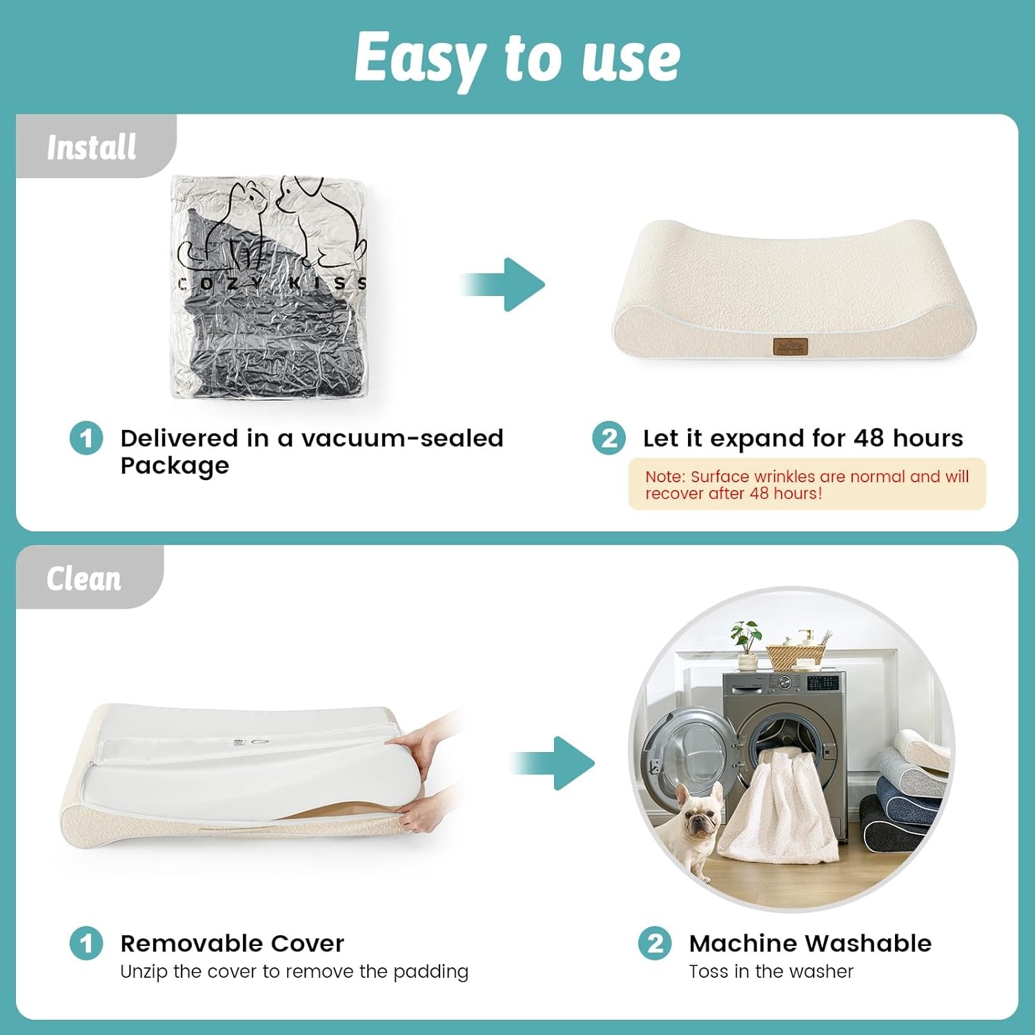 image:imageCOZY KISS Orthopedic Dog Bed for Large Dogs up to 90 lbs Removable Washable Cover with Waterproof Lining amp NonSkid Bottom CottonPolyester Blend BoatShaped Lounger Mattress L45x30x6in BeigeBeige