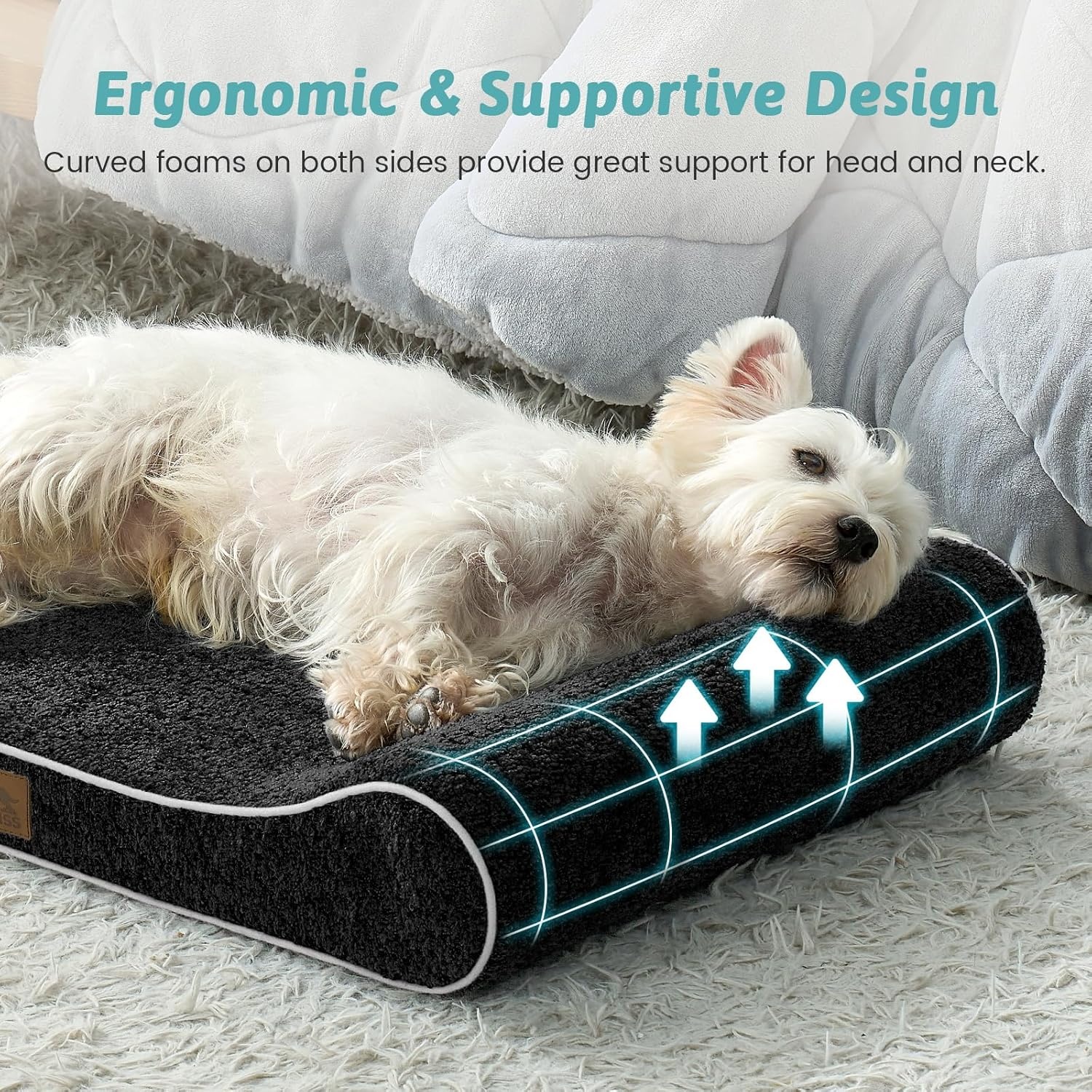 image:imageCOZY KISS Orthopedic Dog Bed for Large Dogs up to 90 lbs Removable Washable Cover with Waterproof Lining amp NonSkid Bottom CottonPolyester Blend BoatShaped Lounger Mattress L45x30x6in BeigeBlack