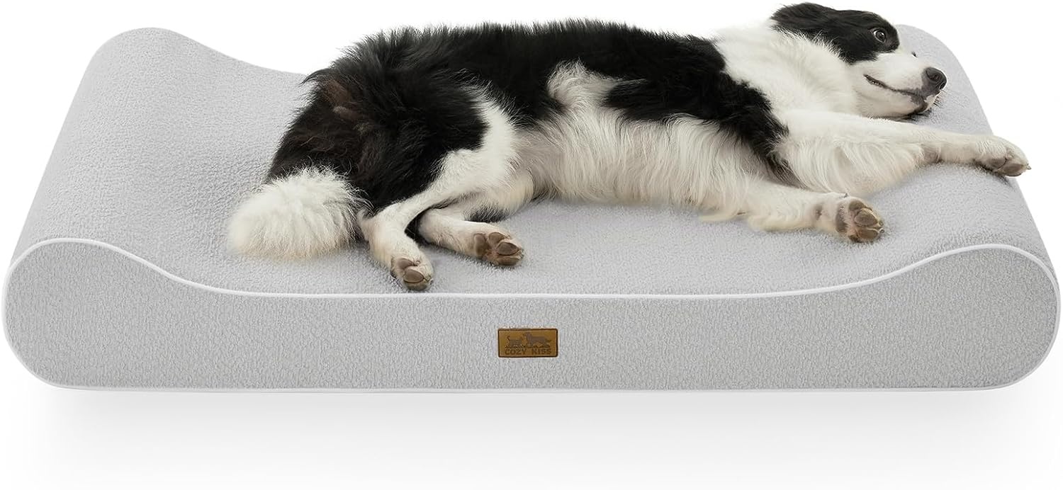 image:imageCOZY KISS Orthopedic Dog Bed for Large Dogs up to 90 lbs Removable Washable Cover with Waterproof Lining amp NonSkid Bottom CottonPolyester Blend BoatShaped Lounger Mattress L45x30x6in BeigeLight gray