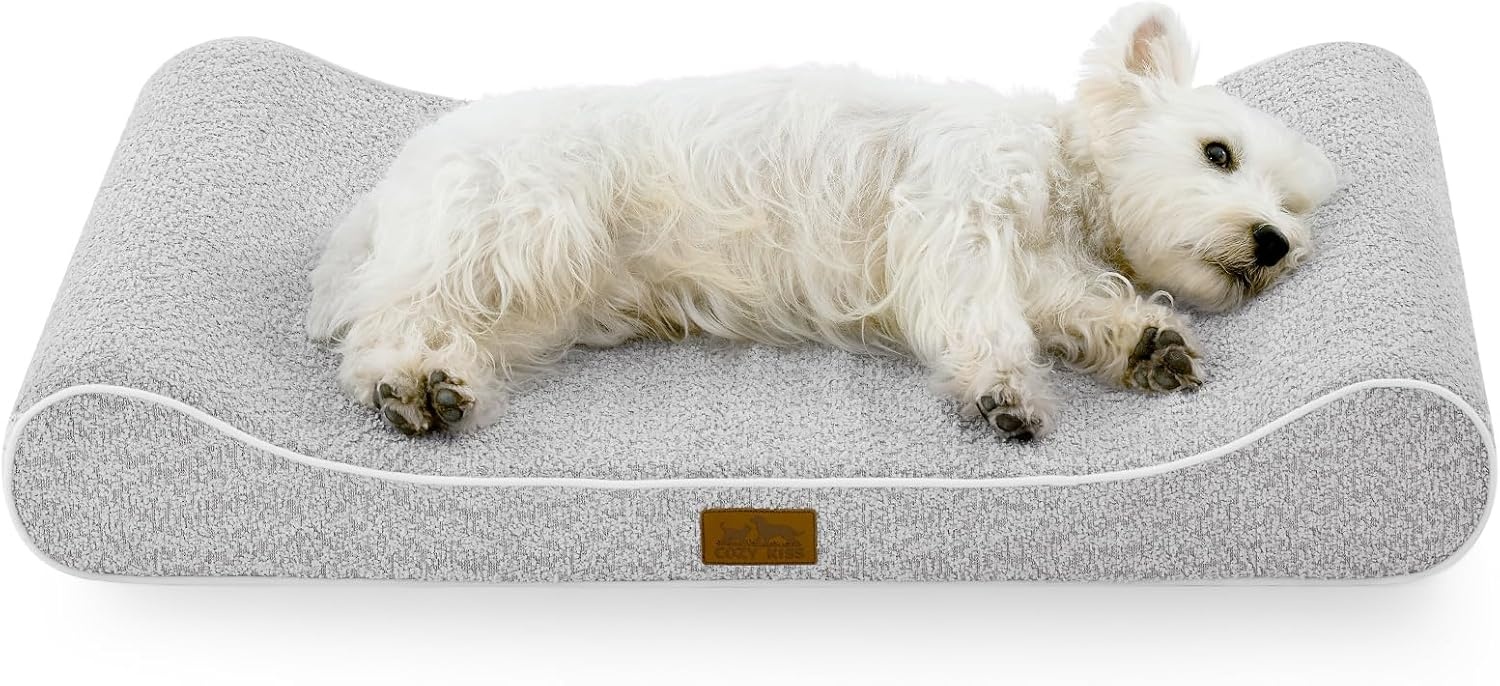 image:imageCOZY KISS Orthopedic Dog Bed for Large Dogs up to 90 lbs Removable Washable Cover with Waterproof Lining amp NonSkid Bottom CottonPolyester Blend BoatShaped Lounger Mattress L45x30x6in BeigeLight gray