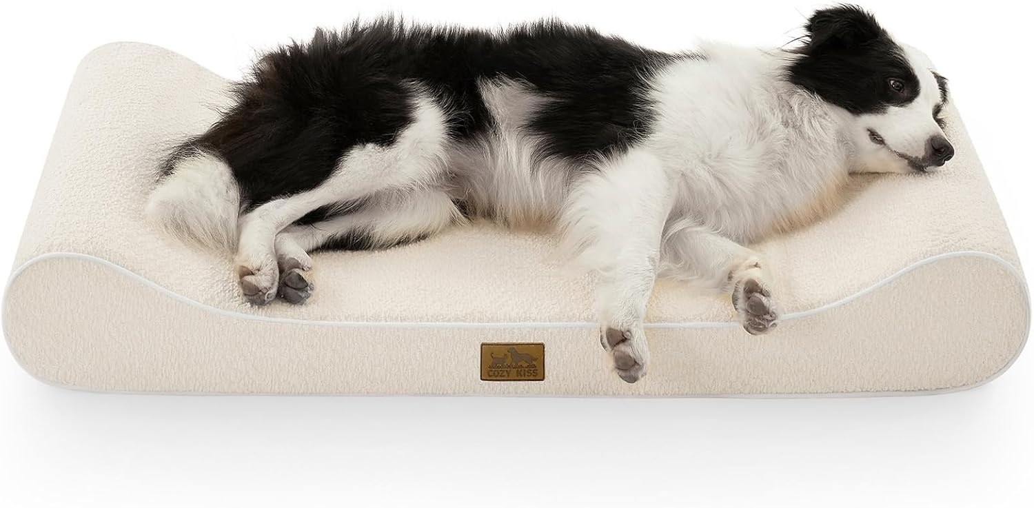 image:imageCOZY KISS Orthopedic Dog Bed for Large Dogs up to 90 lbs Removable Washable Cover with Waterproof Lining amp NonSkid Bottom CottonPolyester Blend BoatShaped Lounger Mattress L45x30x6in BeigeBeige